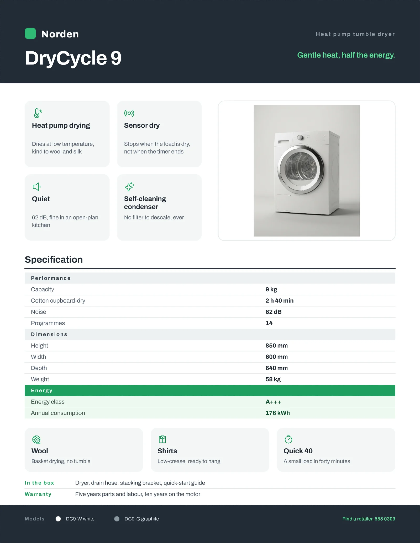 Consumer Spec Heat Pump Dryer Datasheet — 2-page One pager template, page 2 of 2