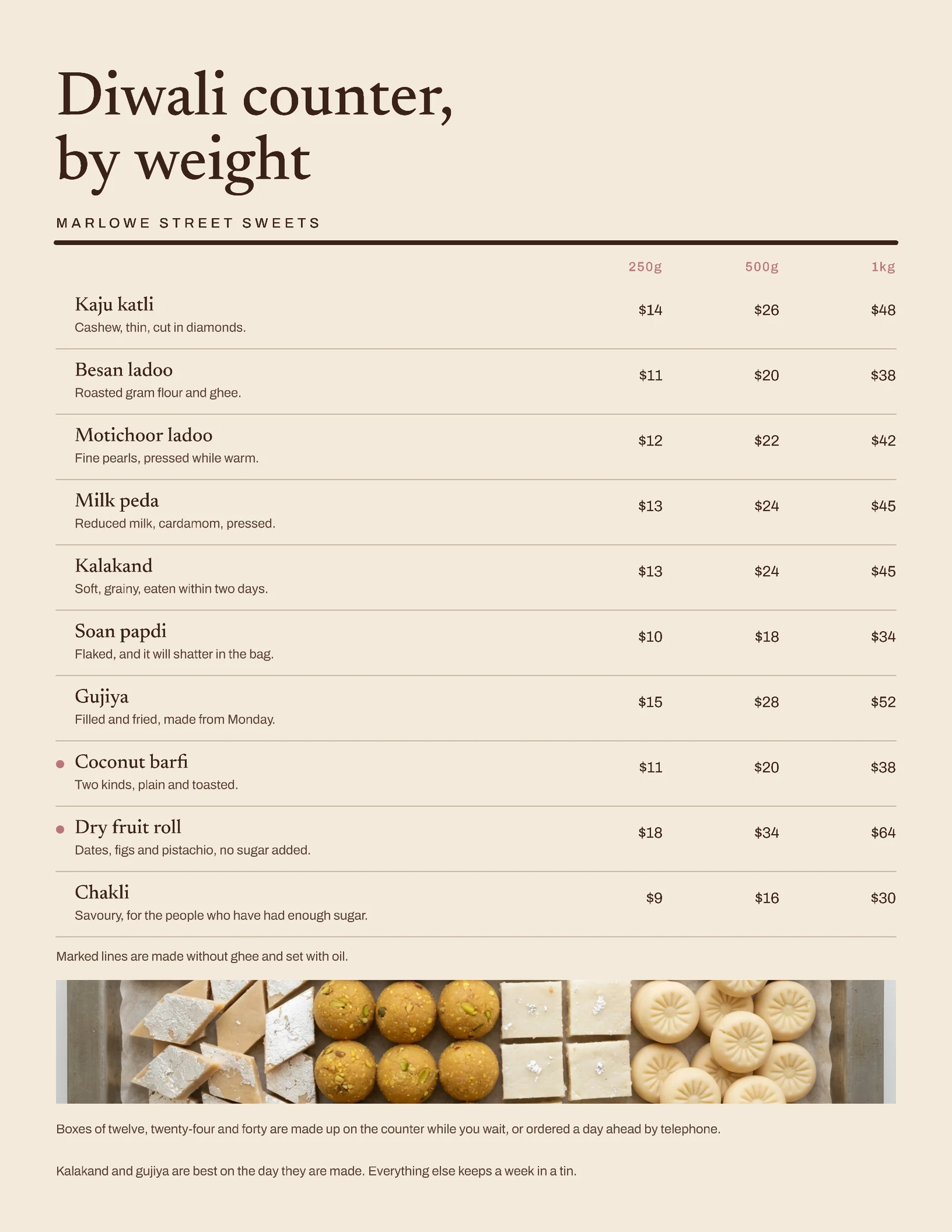 Almond Rose Weight Tier Rows Bakery Diwali Mithai Counter — Letter Menu template