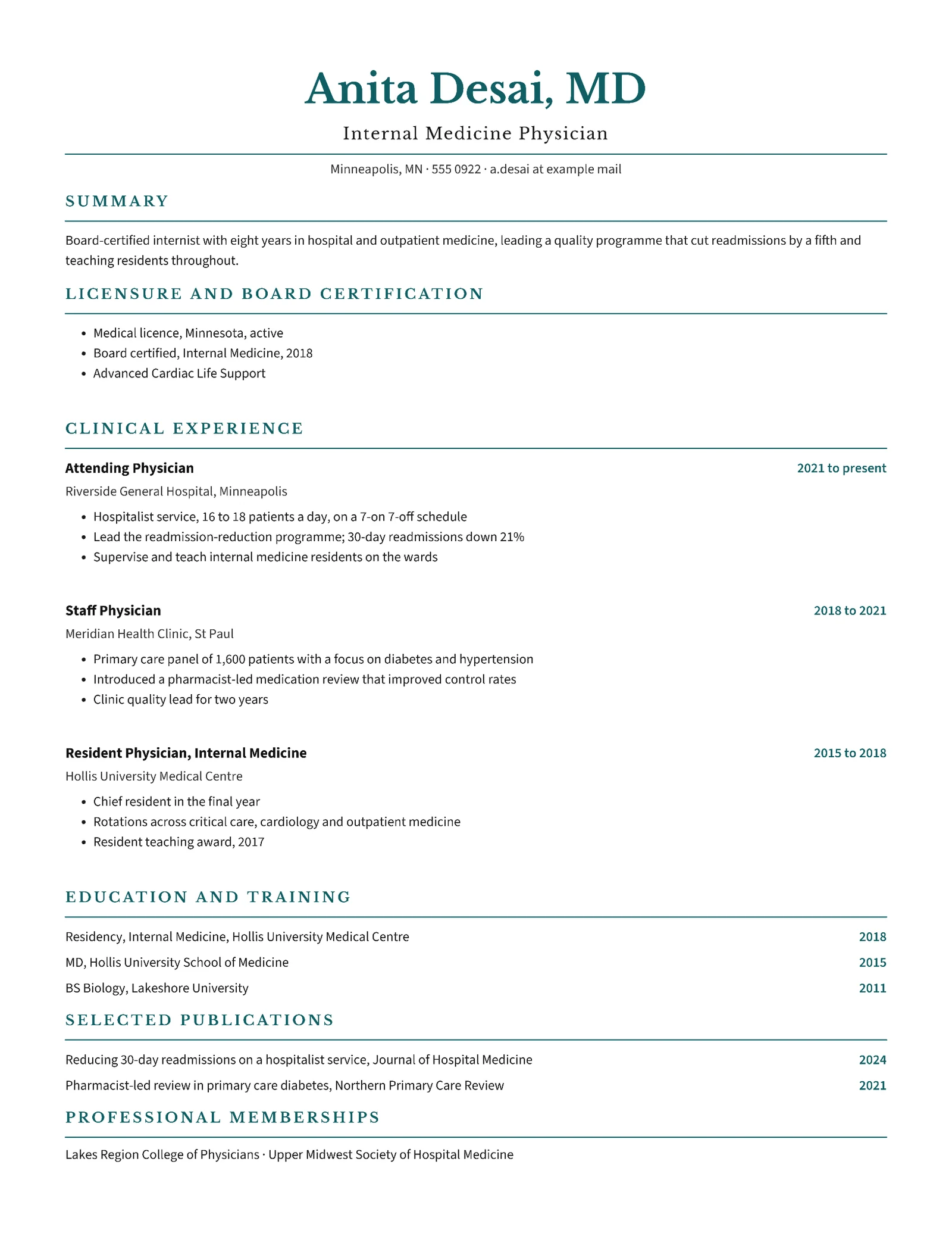 Professional Physician Résumé — Letter Resume template