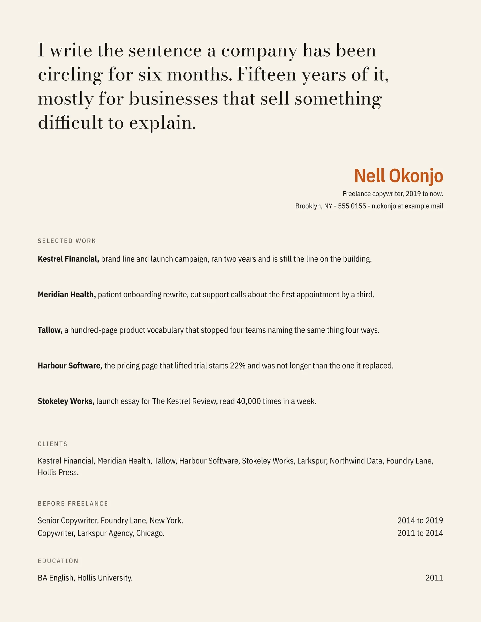 Freelance Copywriter Resume — Letter Resume template
