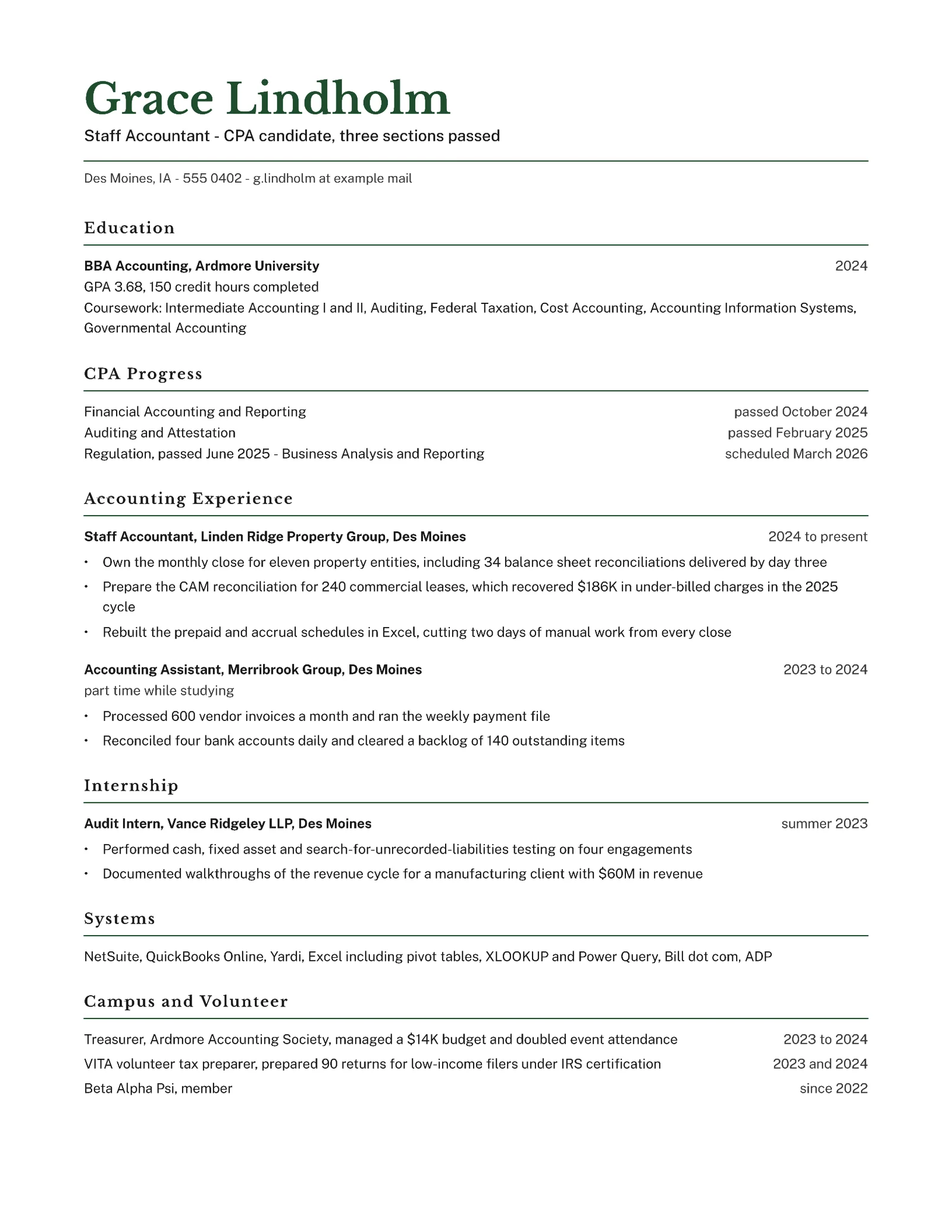 Staff Accountant Resume — Letter Resume template