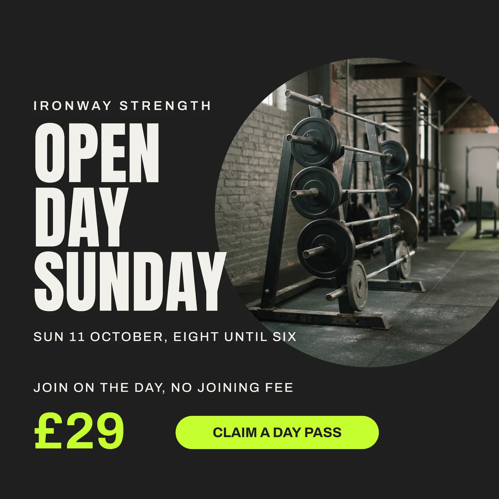 Charcoal Lime Circle Crop Gym Open Day Instagram Ad — 1:1 Instagram ad template