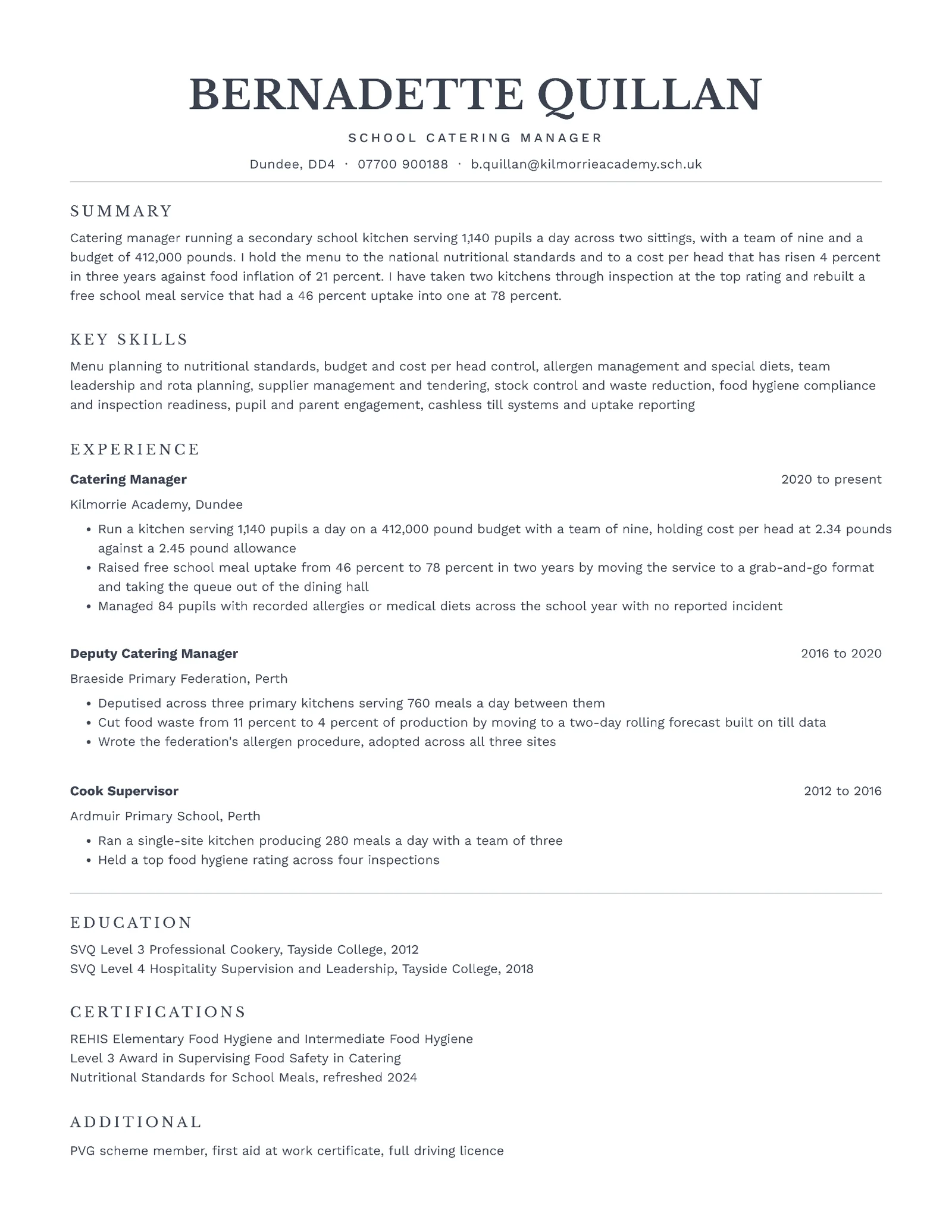 School Catering Manager Basic Resume — Letter Resume template