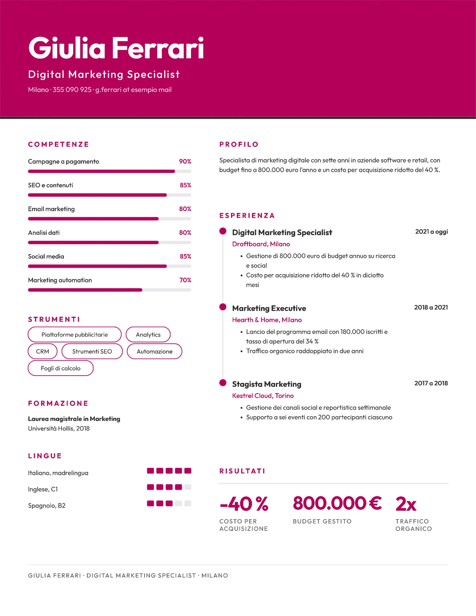 Infographic Digital Marketing Résumé, Italian — 2-page Resume template, page 1 of 2