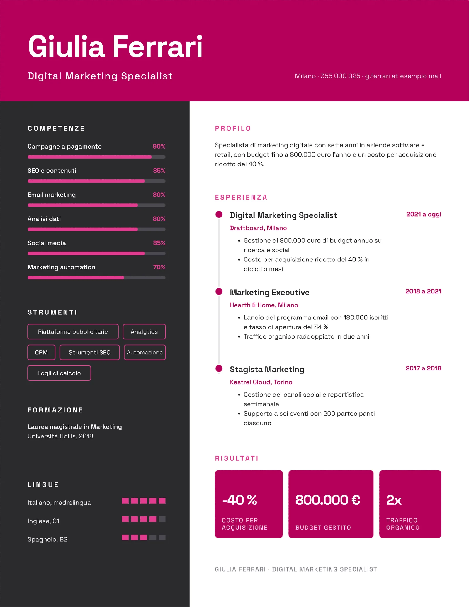 Infographic Digital Marketing Résumé, Italian — 2-page Resume template, page 2 of 2