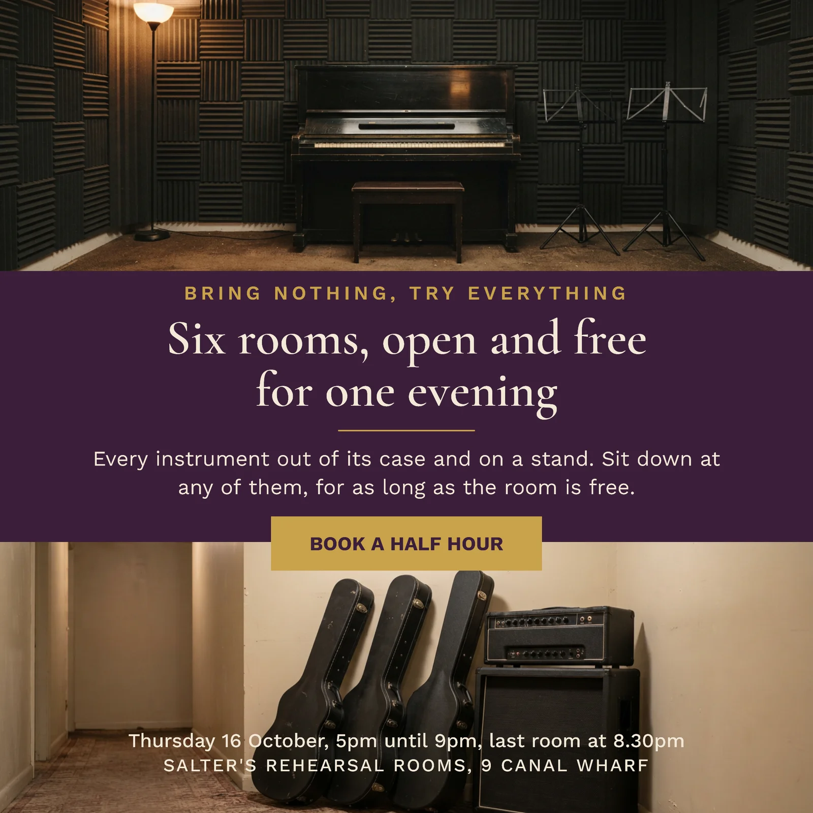 Plum Brass Photo Pair Copy Band Rehearsal Rooms Open Evening Facebook Ad — 1:1 Facebook ad template