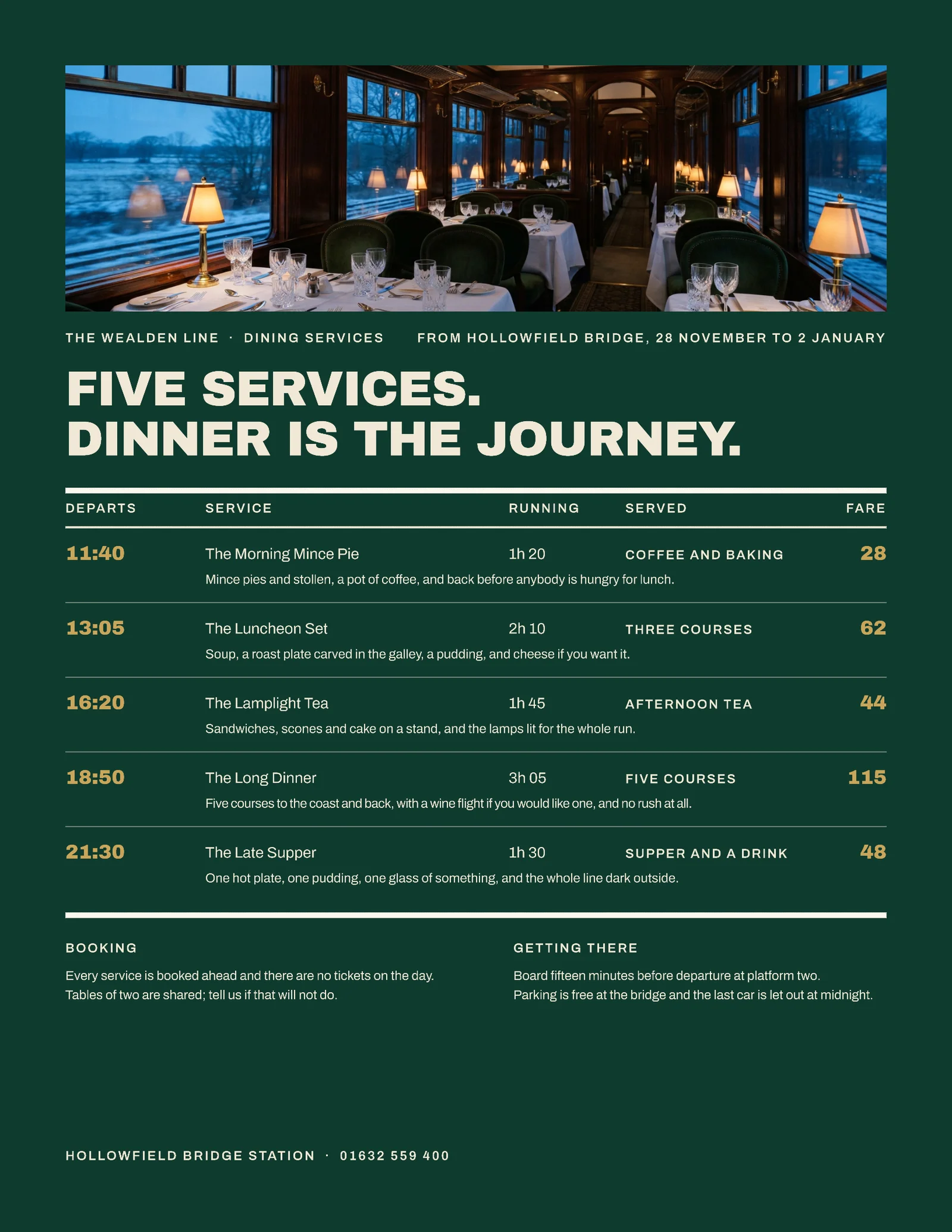 Bottle Green Departures Board Railway Christmas Dining Menu — Letter Menu template
