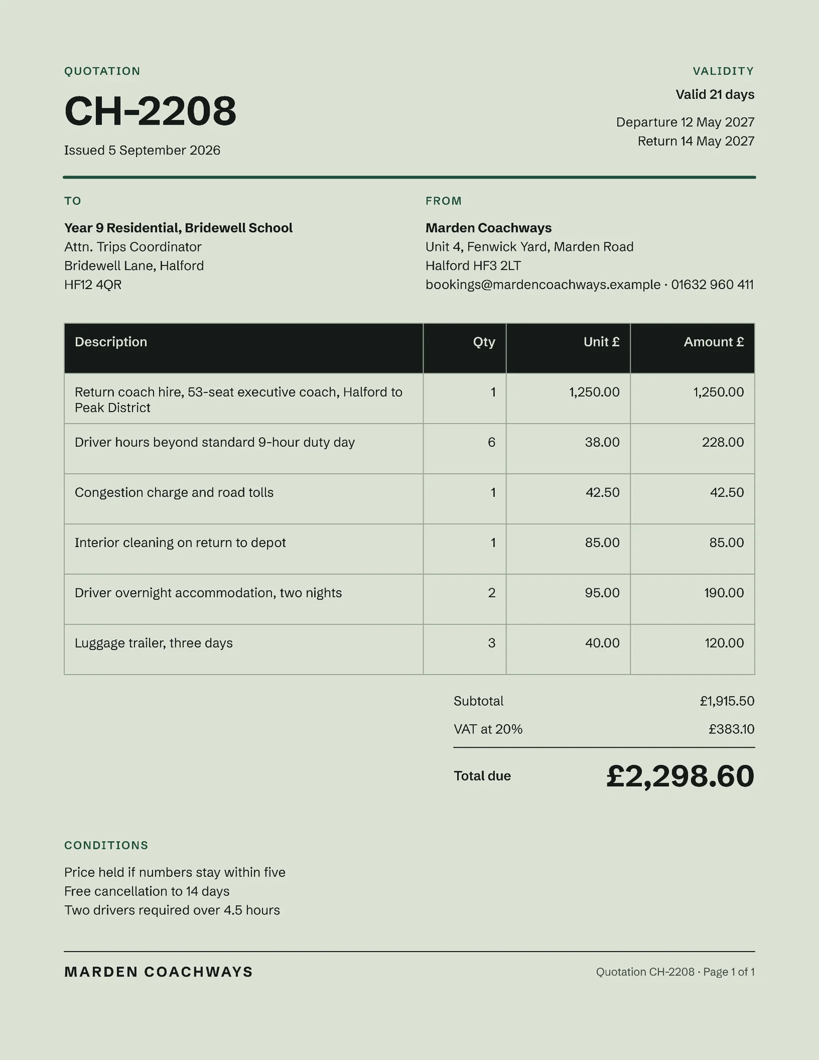 Residential Trip Coach Hire Quote — 2-page Quote template, page 1 of 2