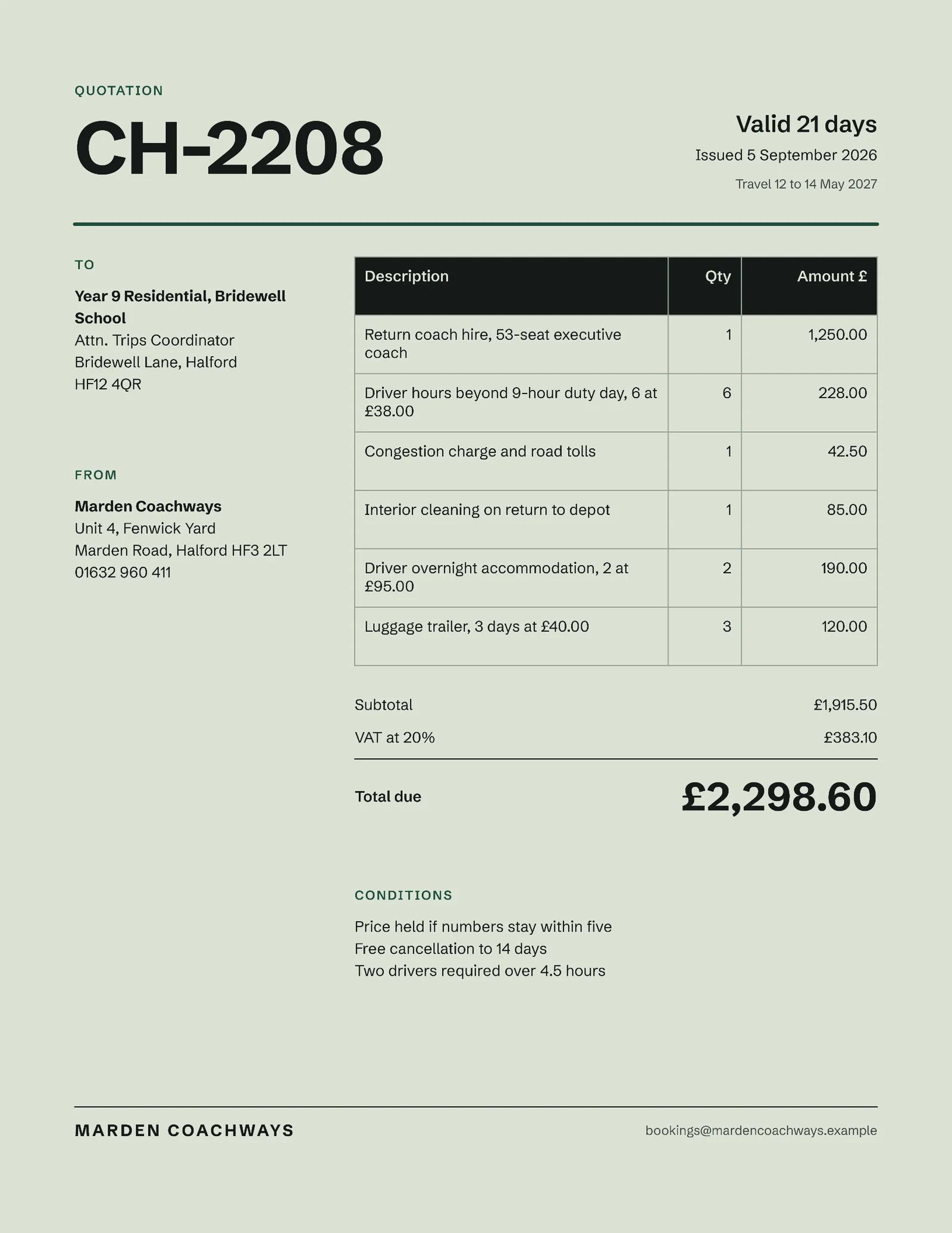 Residential Trip Coach Hire Quote — 2-page Quote template, page 2 of 2