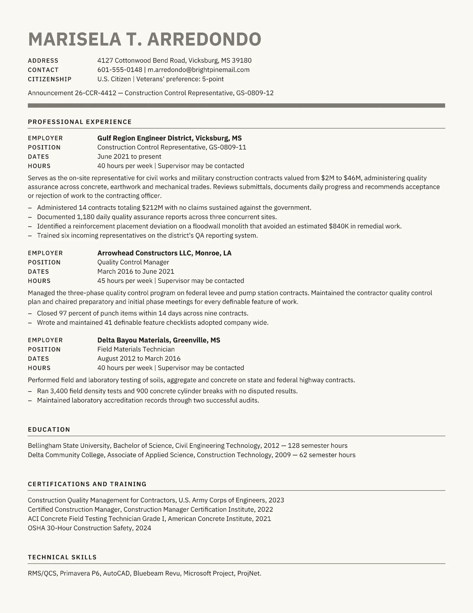 Federal Construction Control Representative Resume — Letter Resume template