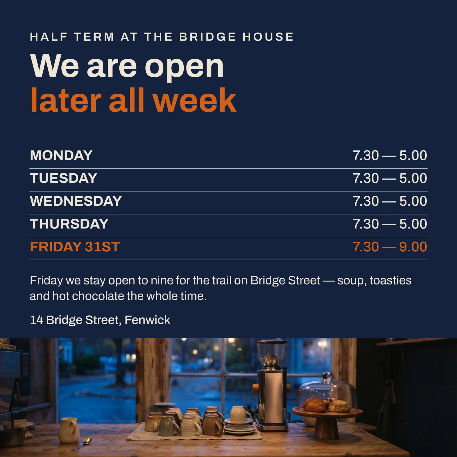 Coffee House Hours Board Half Term Facebook Post — 1:1 Facebook post template