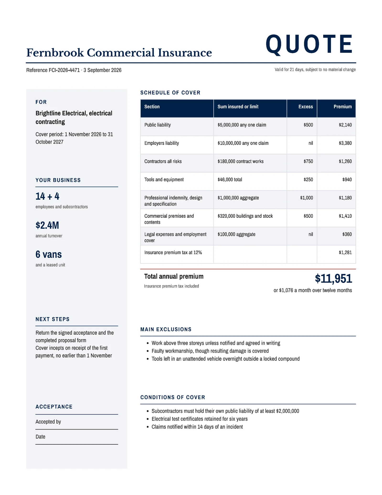 Oxford Blue Schedule Commercial Insurance Quote — 2-page Quote template, page 2 of 2