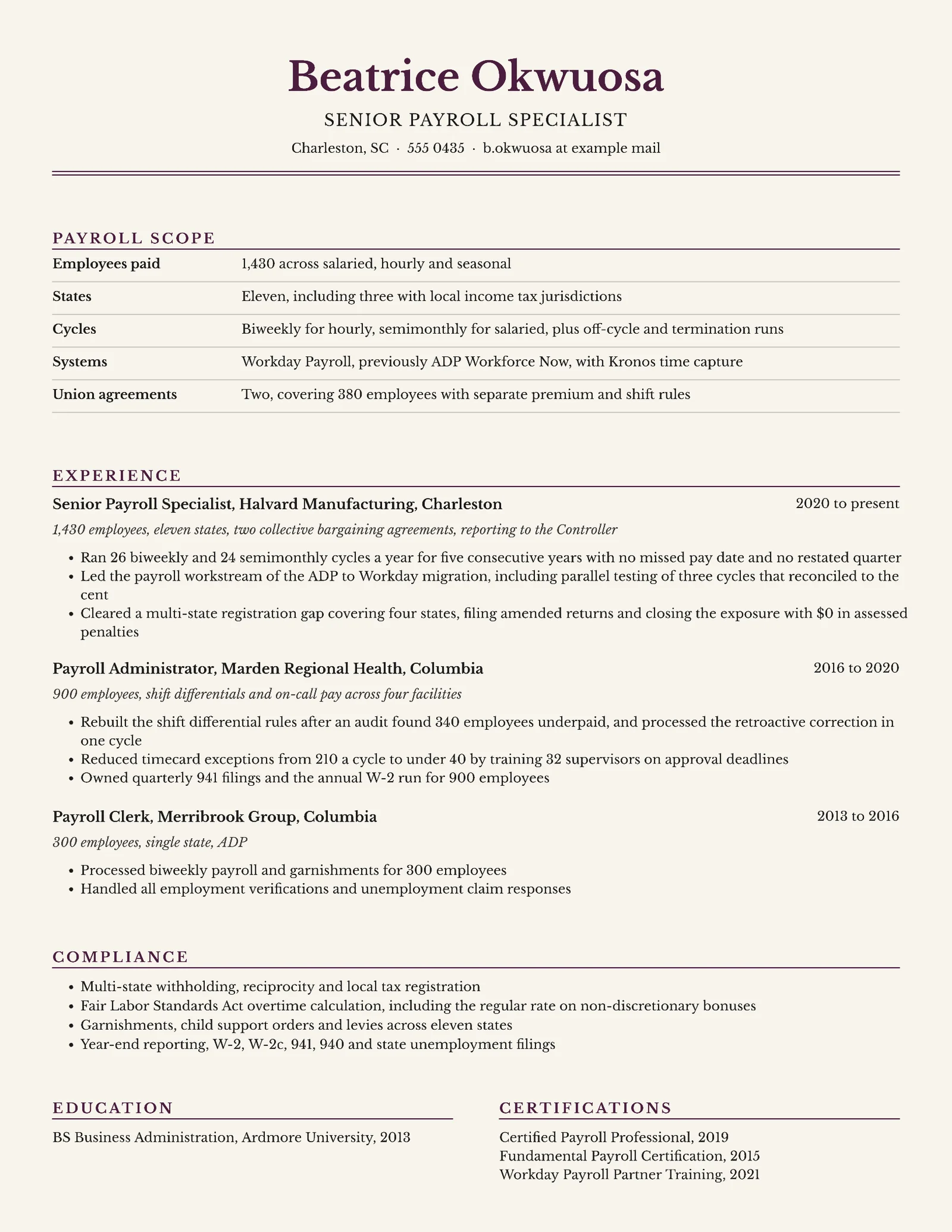 Payroll Specialist Resume — Letter Resume template