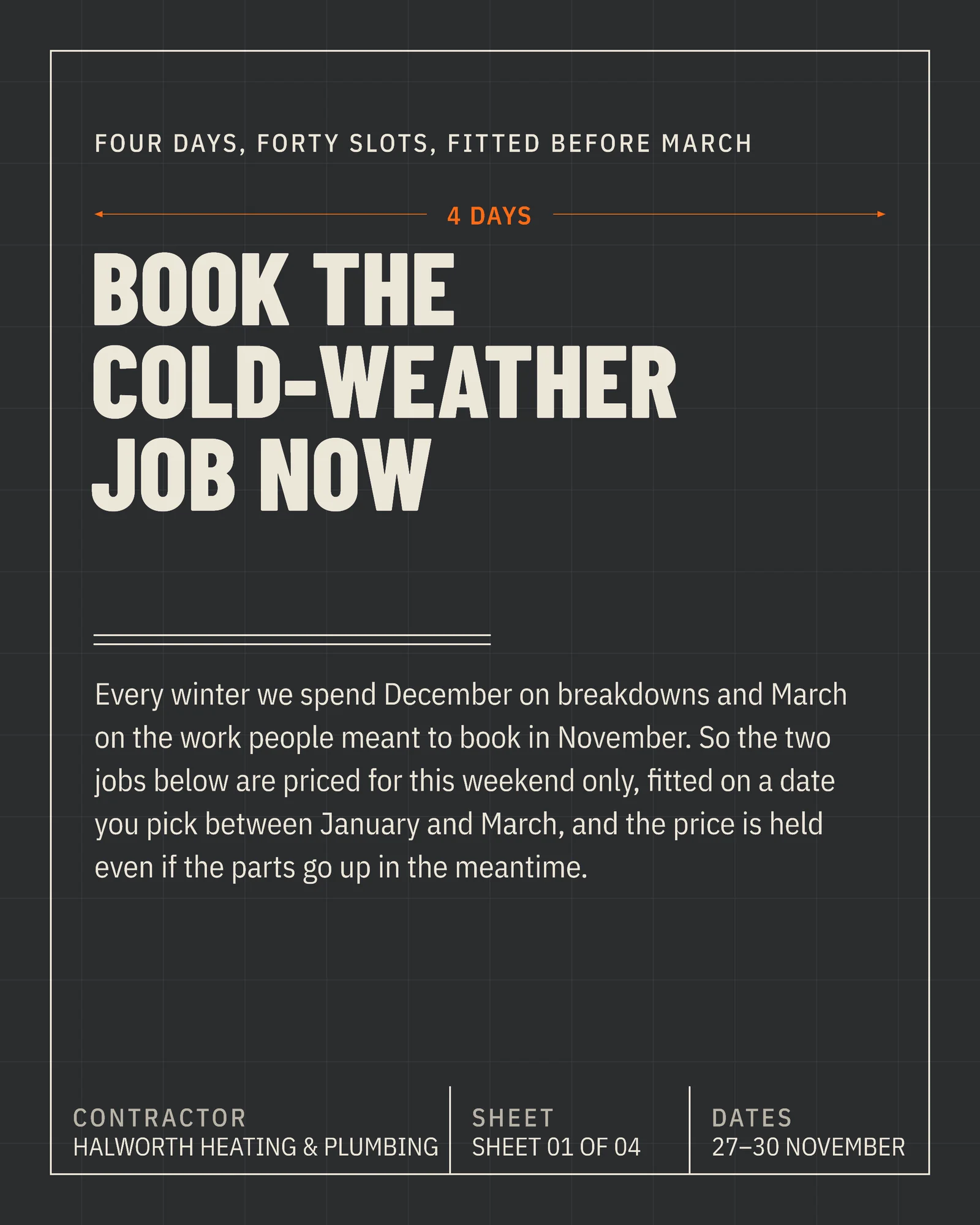 Graphite Orange Spec Sheet Heating Black Friday Slot Facebook Carousel — 4-panel Facebook carousel carousel template, page 1 of 4