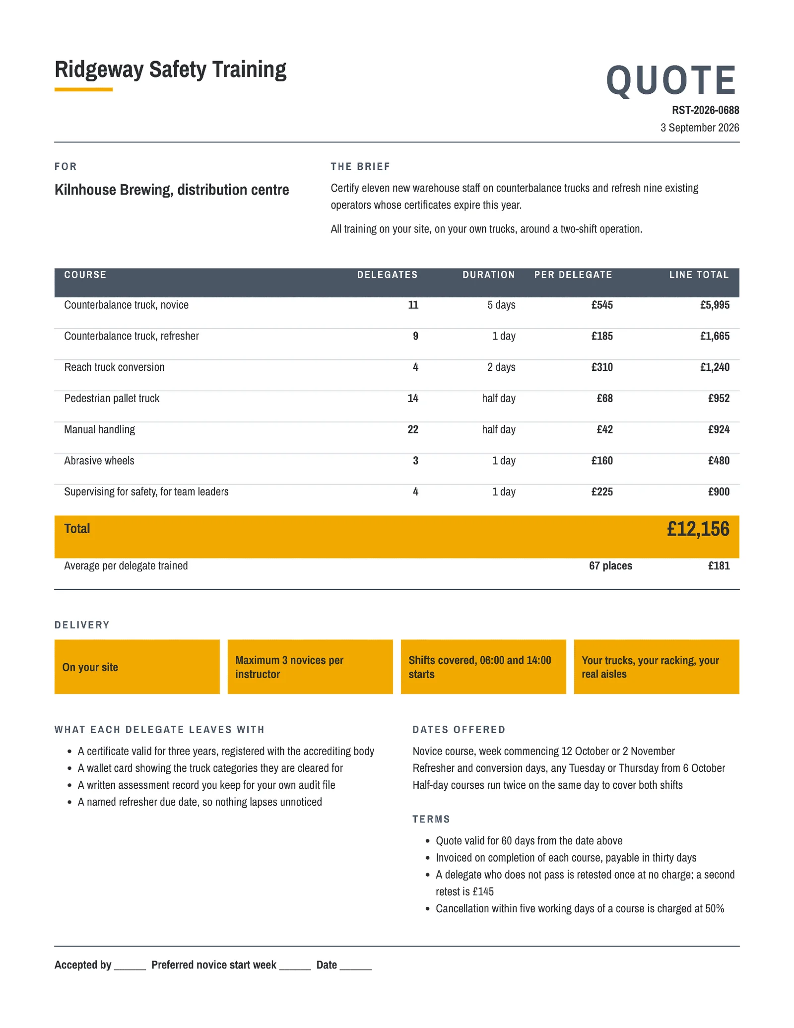Amber Slate Course Table Forklift Safety Training Quote — 2-page Quote template, page 1 of 2