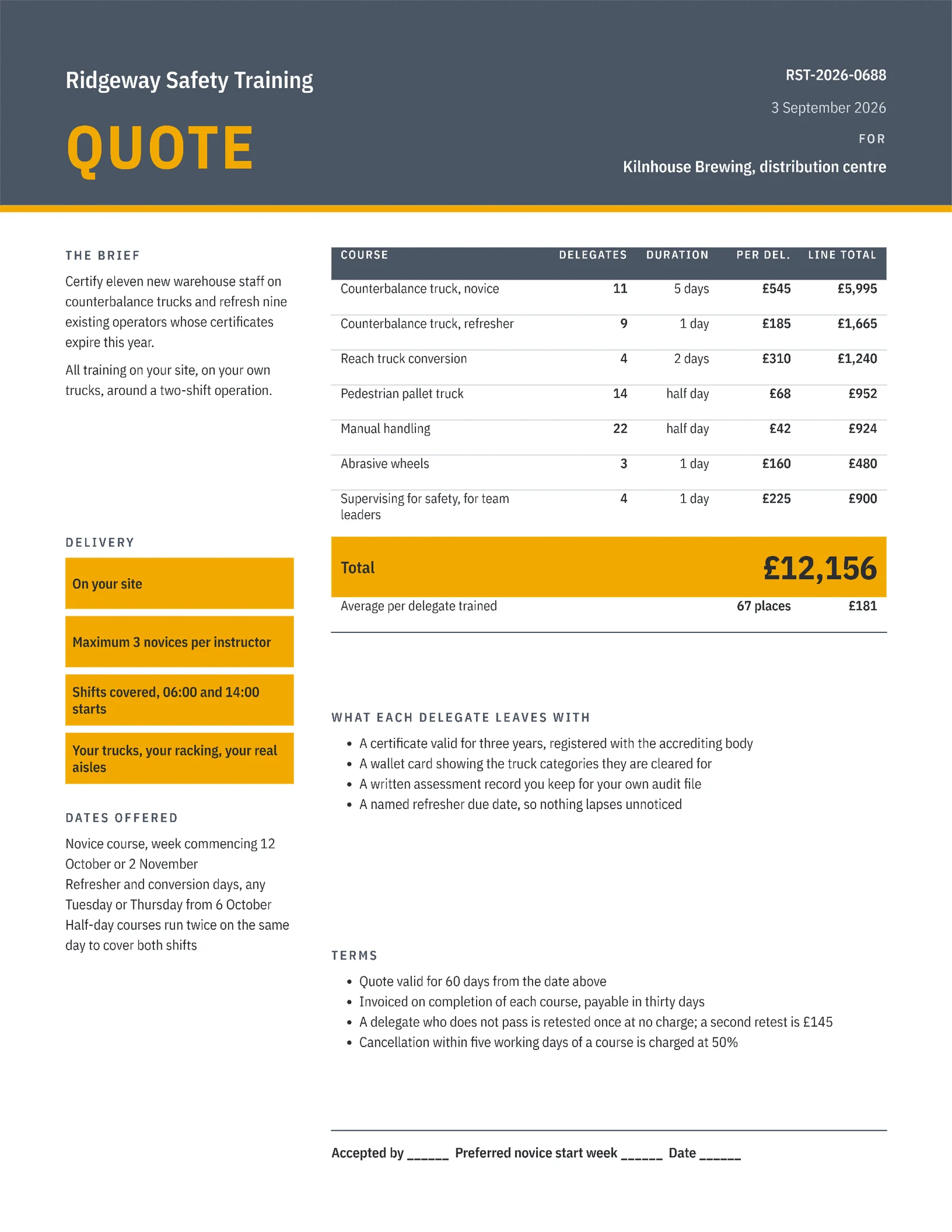 Amber Slate Course Table Forklift Safety Training Quote — 2-page Quote template, page 2 of 2