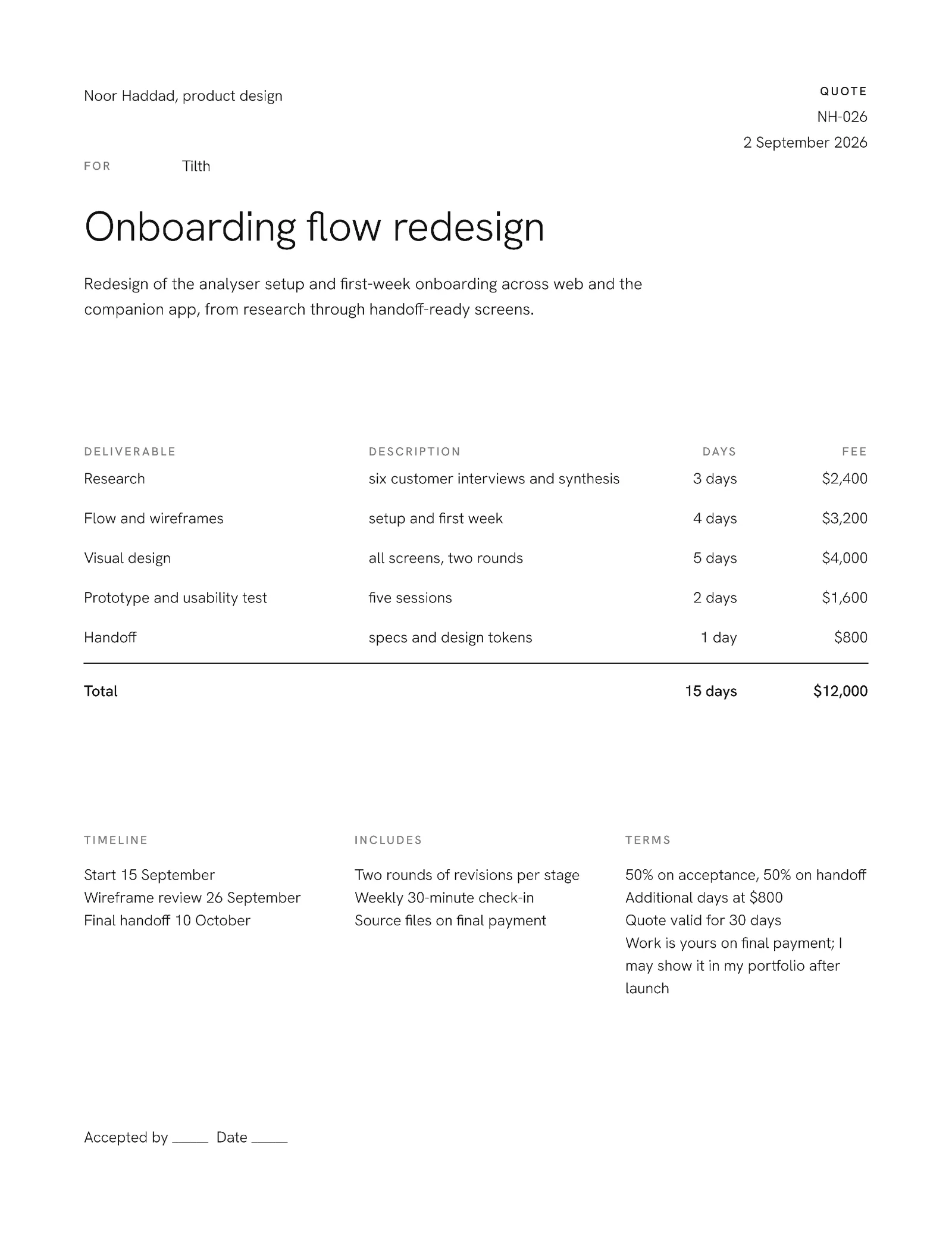 Minimal Freelance Design Quote — 2-page Quote template, page 1 of 2