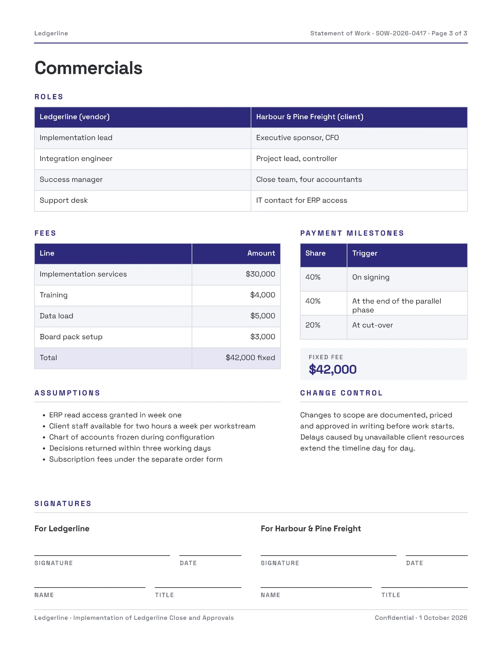 Enterprise SaaS Implementation Statement of Work — 3-page Proposal template, page 3 of 3