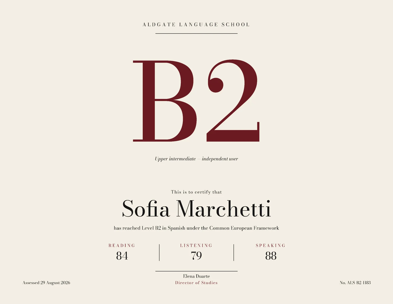 Oxblood Level Mark Language Certificate — Letter landscape Certificate template