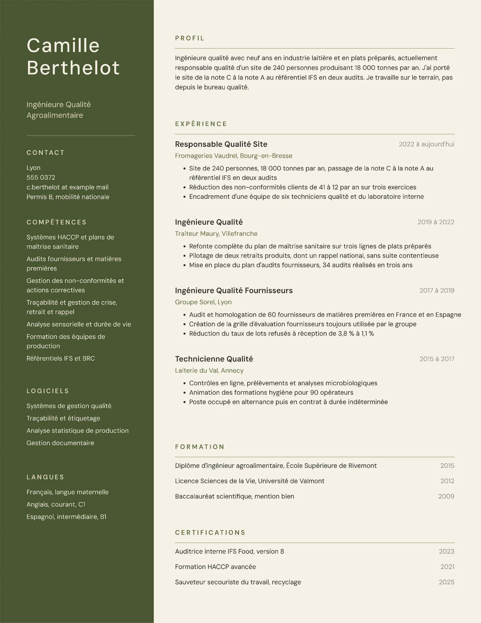 Olive Creme Modern Ingenieur Qualite Agroalimentaire Resume — Letter Resume template