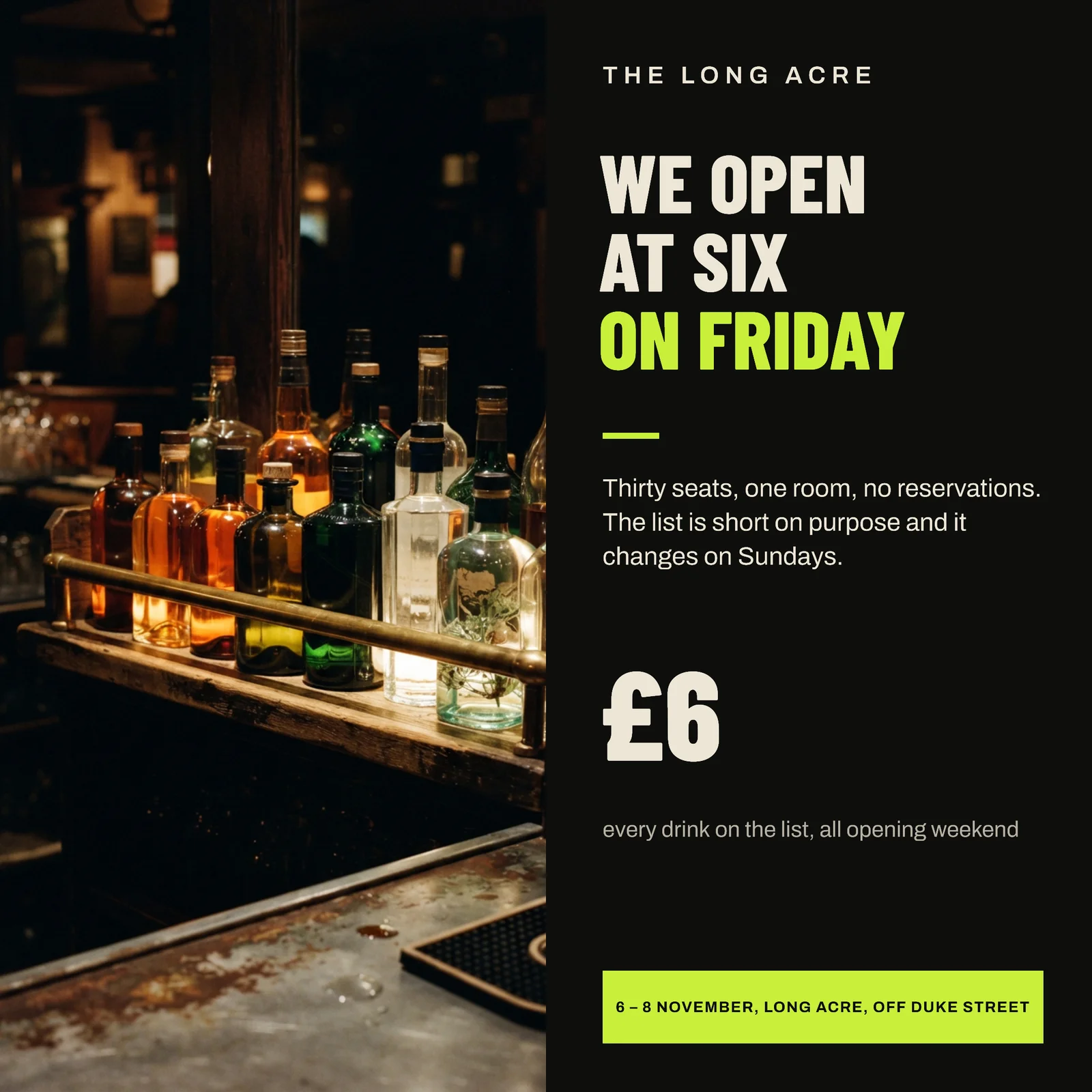 Near Black Chartreuse Split Field Cocktail Bar Grand Opening Facebook Ad — 1:1 Facebook ad template