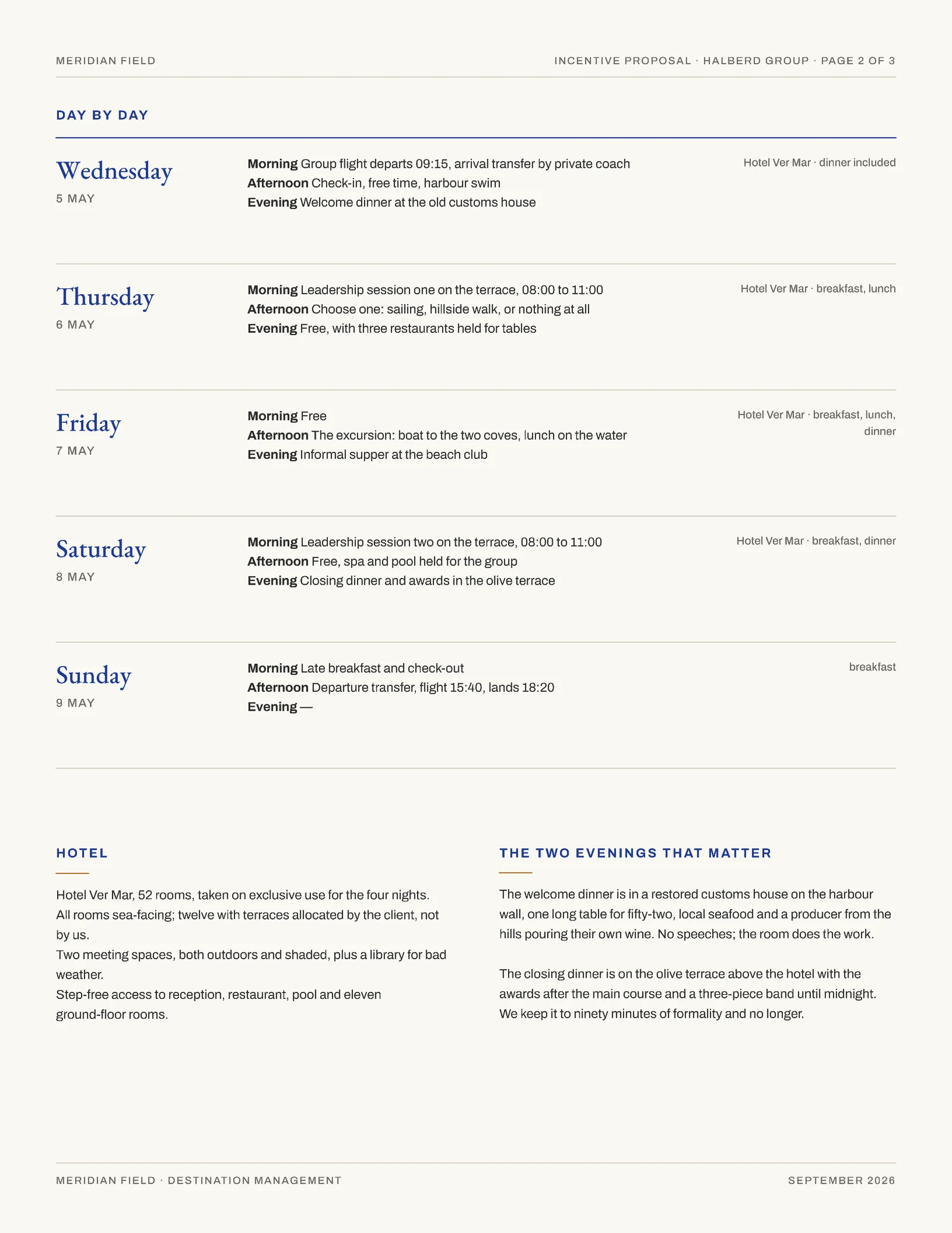 Cobalt Copper Itinerary Blocks Incentive Retreat Proposal — 3-page Proposal template, page 2 of 3