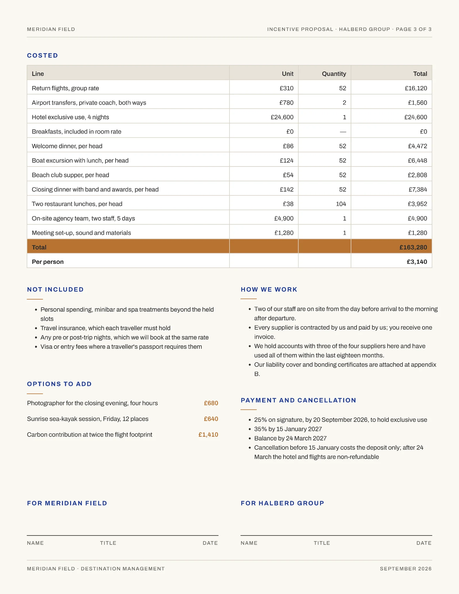 Cobalt Copper Itinerary Blocks Incentive Retreat Proposal — 3-page Proposal template, page 3 of 3
