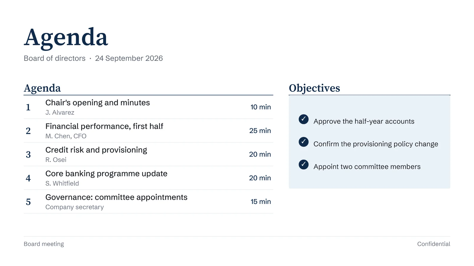 Two Column Agenda With Objectives Slide — 16:9 Slide template