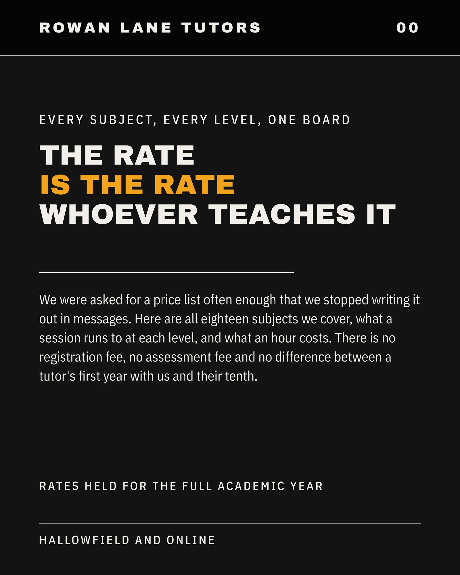 Near-Black Departure Board Tutoring Subject Rate Carousel — 5-panel Facebook carousel carousel template, page 1 of 5