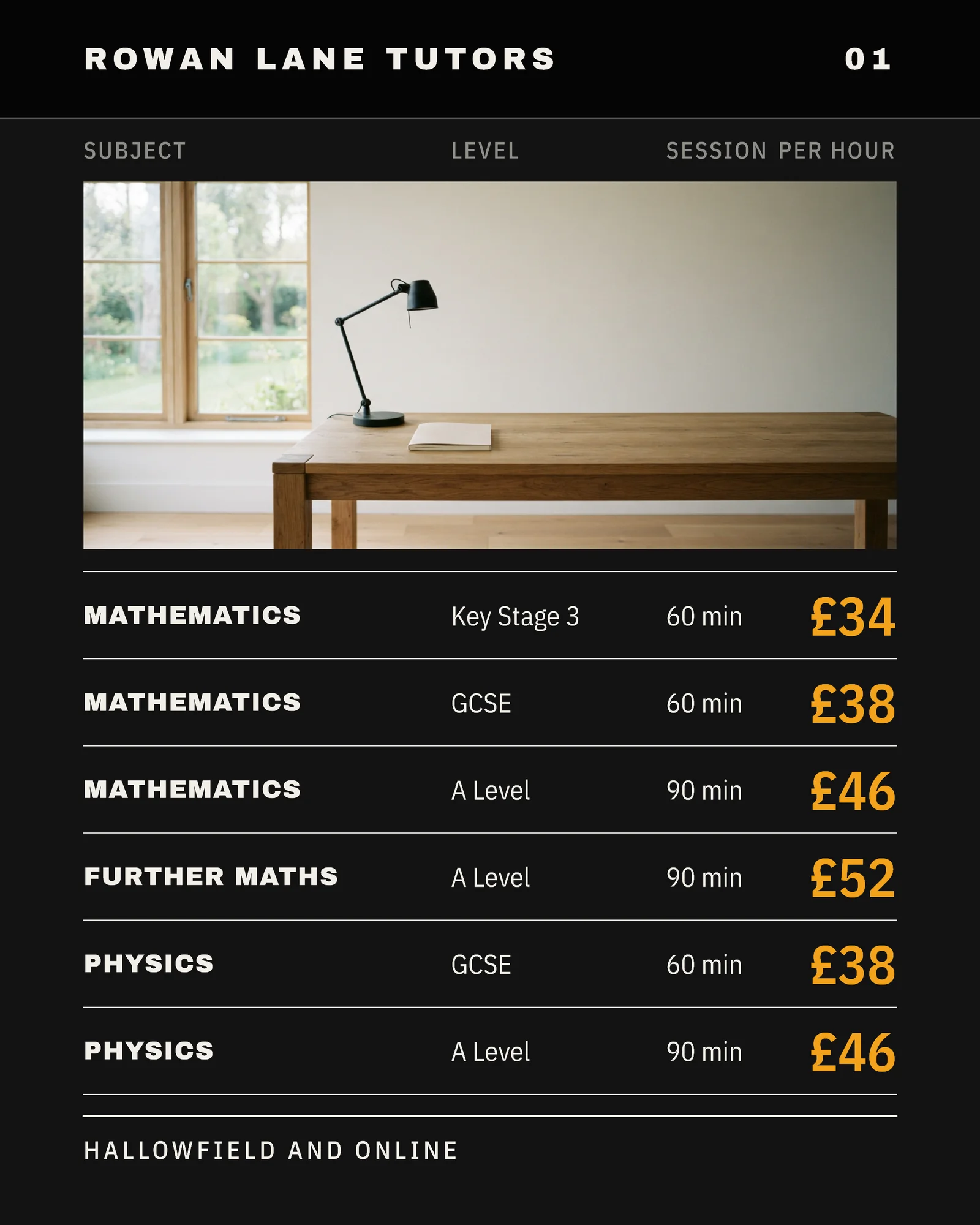 Near-Black Departure Board Tutoring Subject Rate Carousel — 5-panel Facebook carousel carousel template, page 2 of 5
