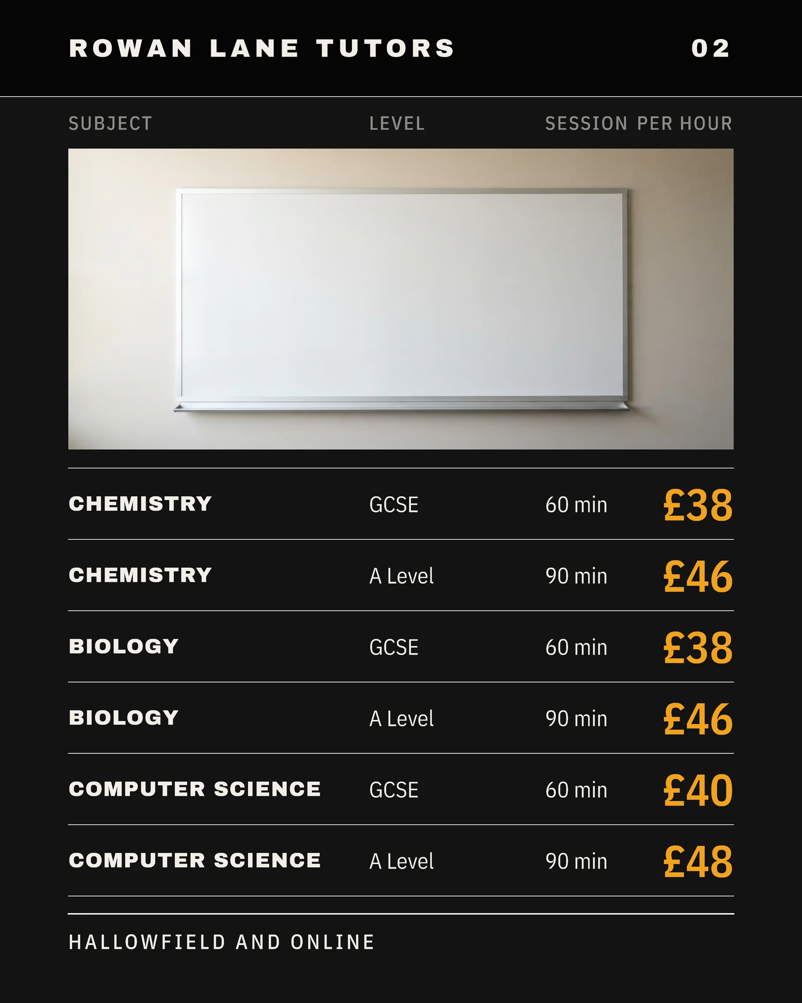 Near-Black Departure Board Tutoring Subject Rate Carousel — 5-panel Facebook carousel carousel template, page 3 of 5
