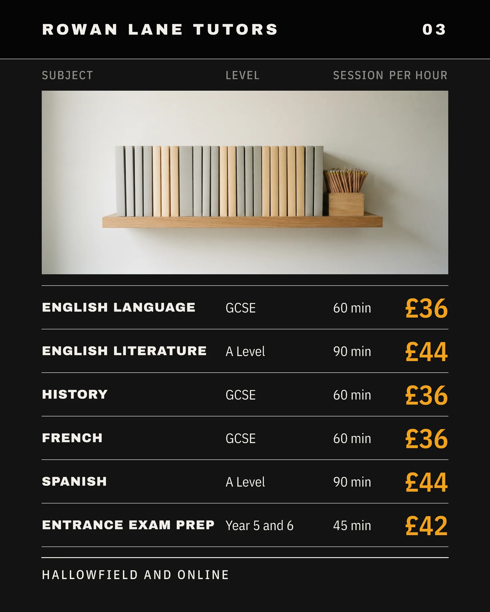 Near-Black Departure Board Tutoring Subject Rate Carousel — 5-panel Facebook carousel carousel template, page 4 of 5