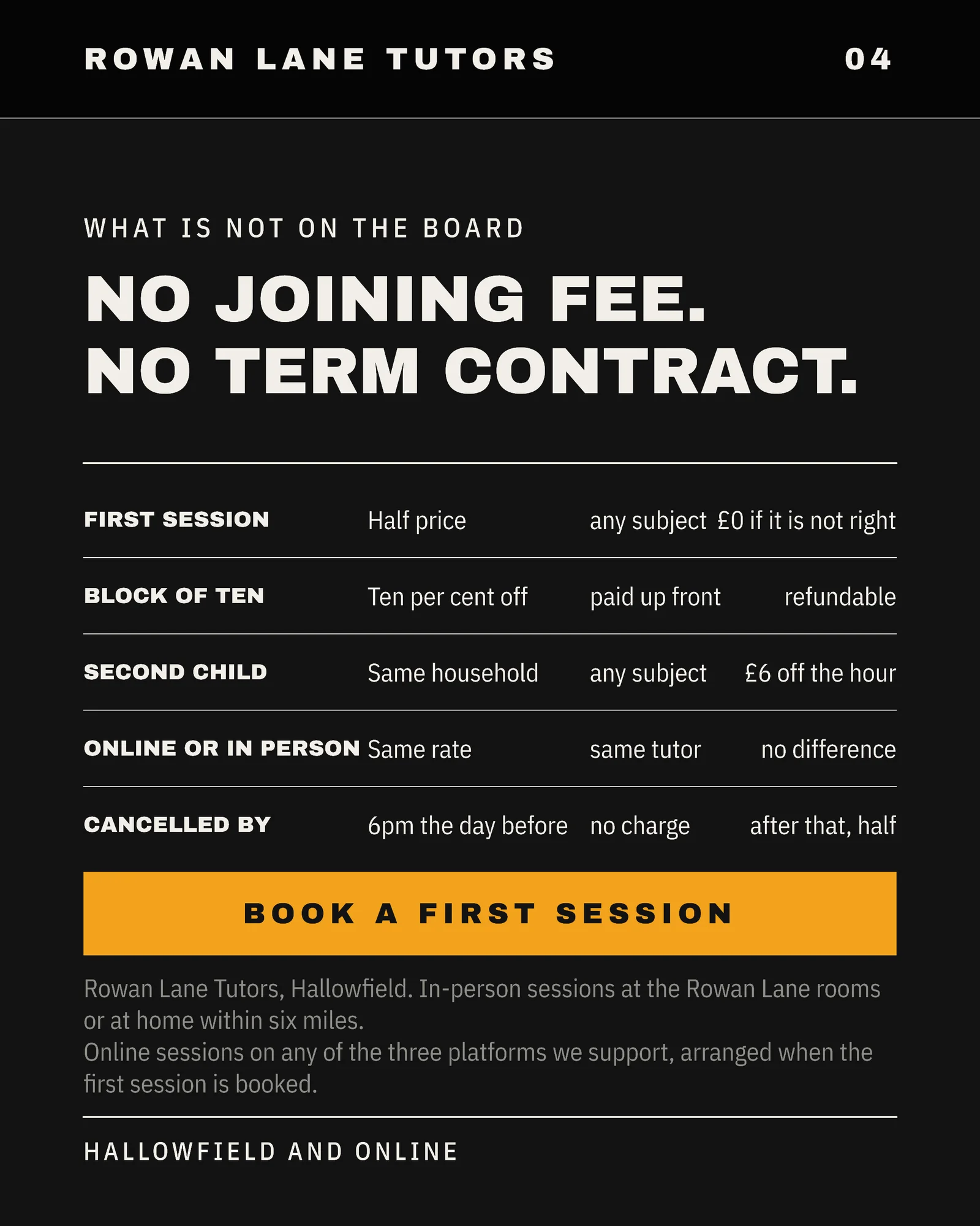 Near-Black Departure Board Tutoring Subject Rate Carousel — 5-panel Facebook carousel carousel template, page 5 of 5