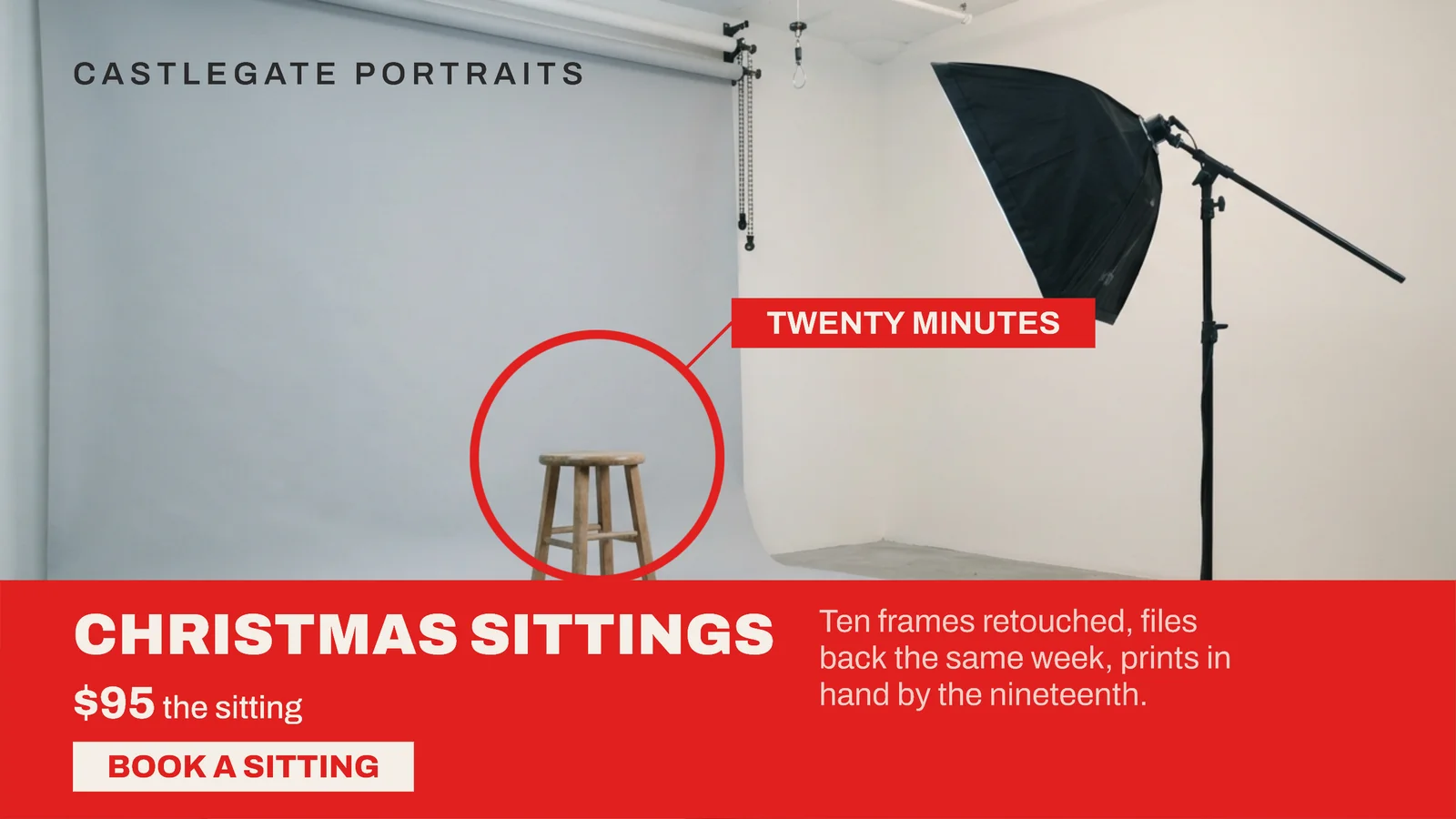 Scarlet Ring Still Portrait Studio Christmas Sittings YouTube Ad — 16:9 YouTube ad template