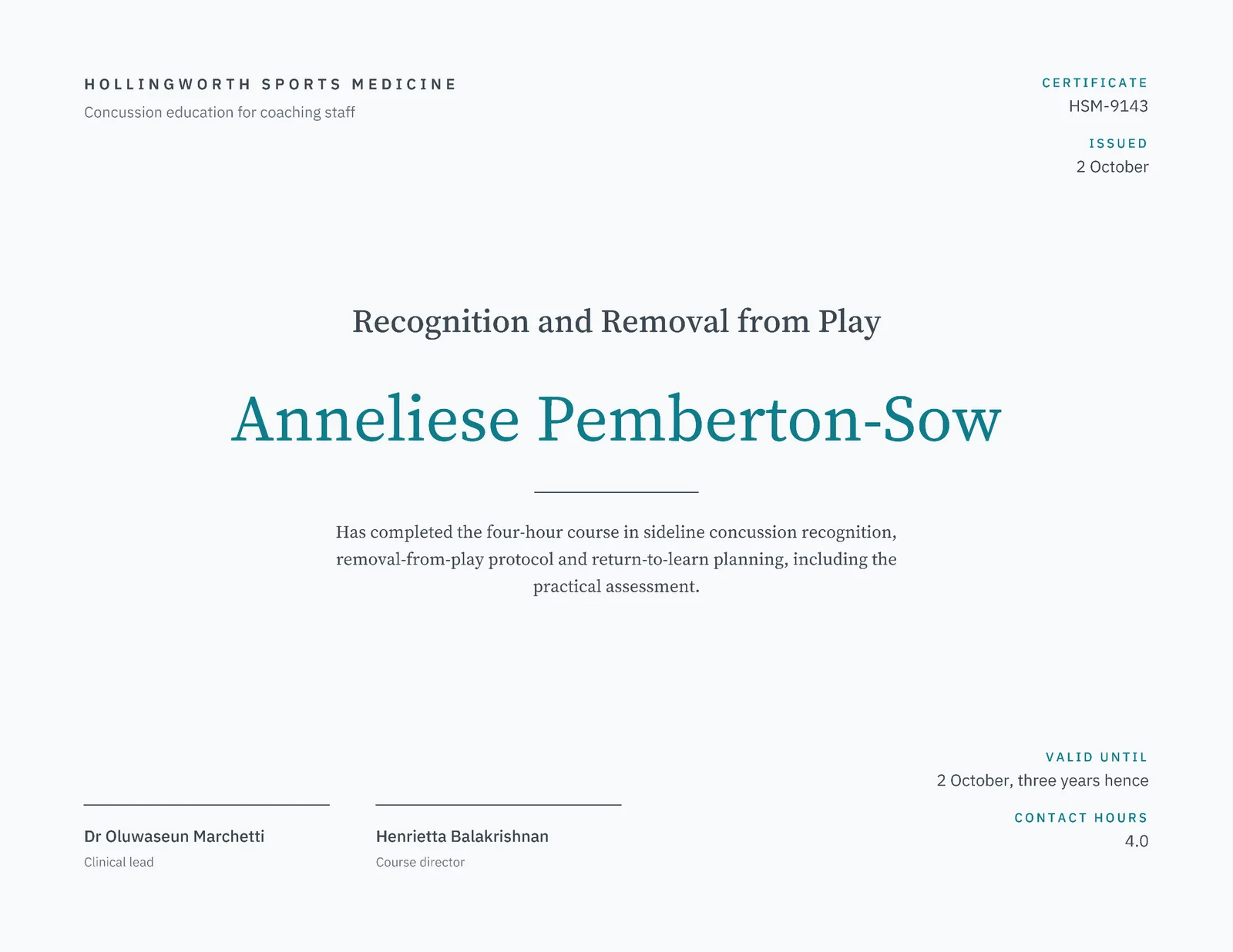 White Teal Four Corner Fields Concussion Course Certificate — Letter landscape Certificate template