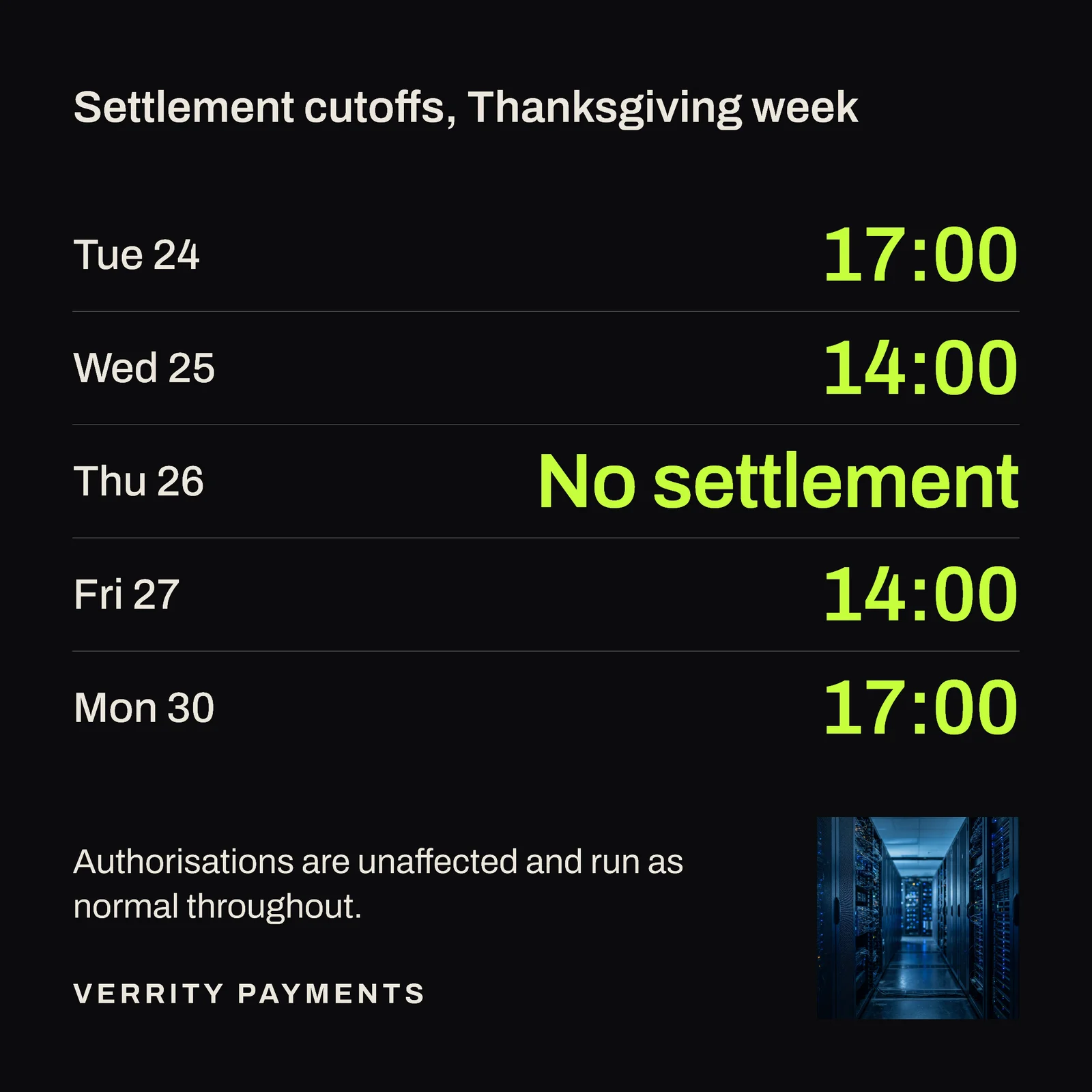 Payments Thanksgiving Cutoffs LinkedIn Post — 1:1 LinkedIn post template