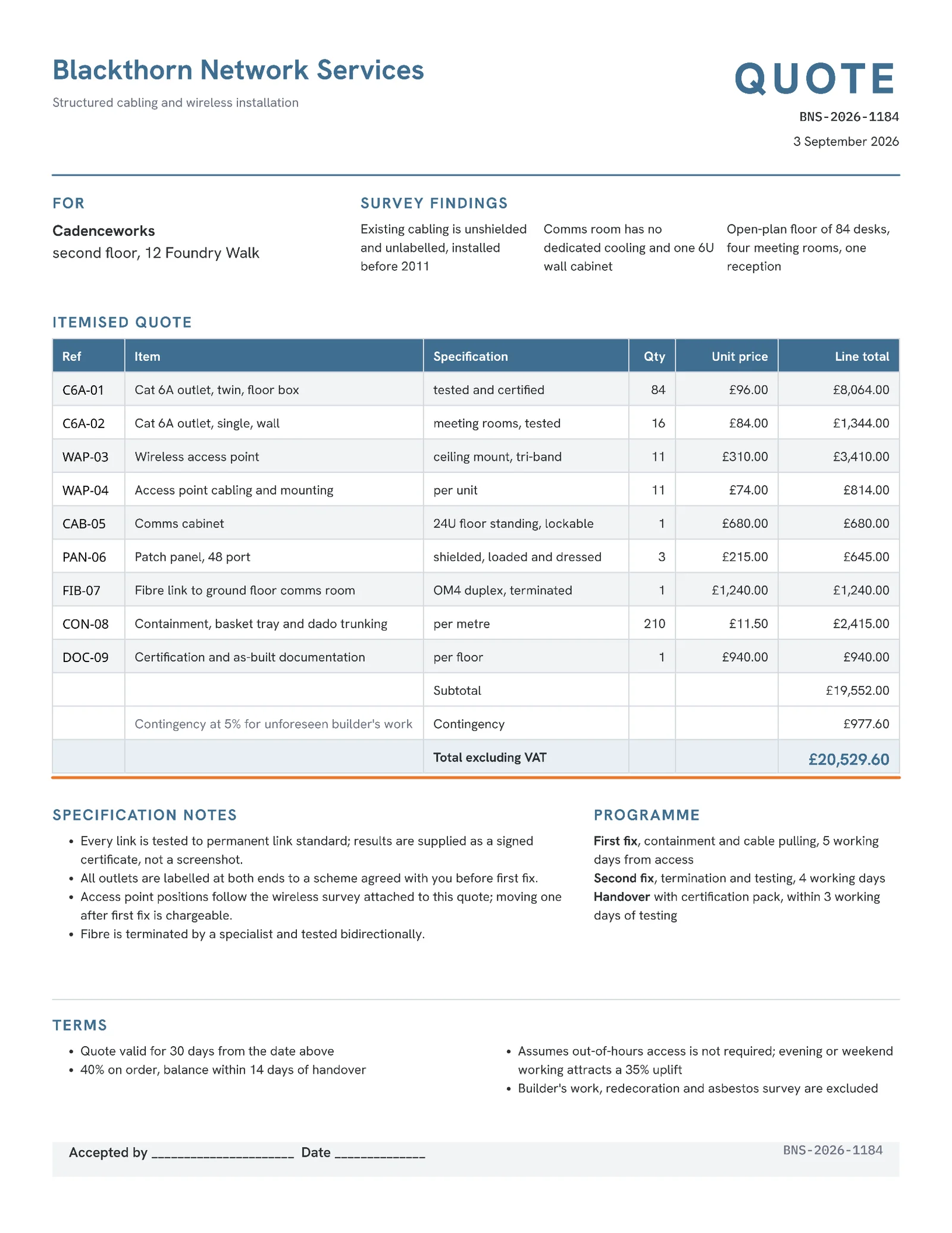 Steel Blue Spec Table Office Network Cabling Quote — 2-page Quote template, page 1 of 2