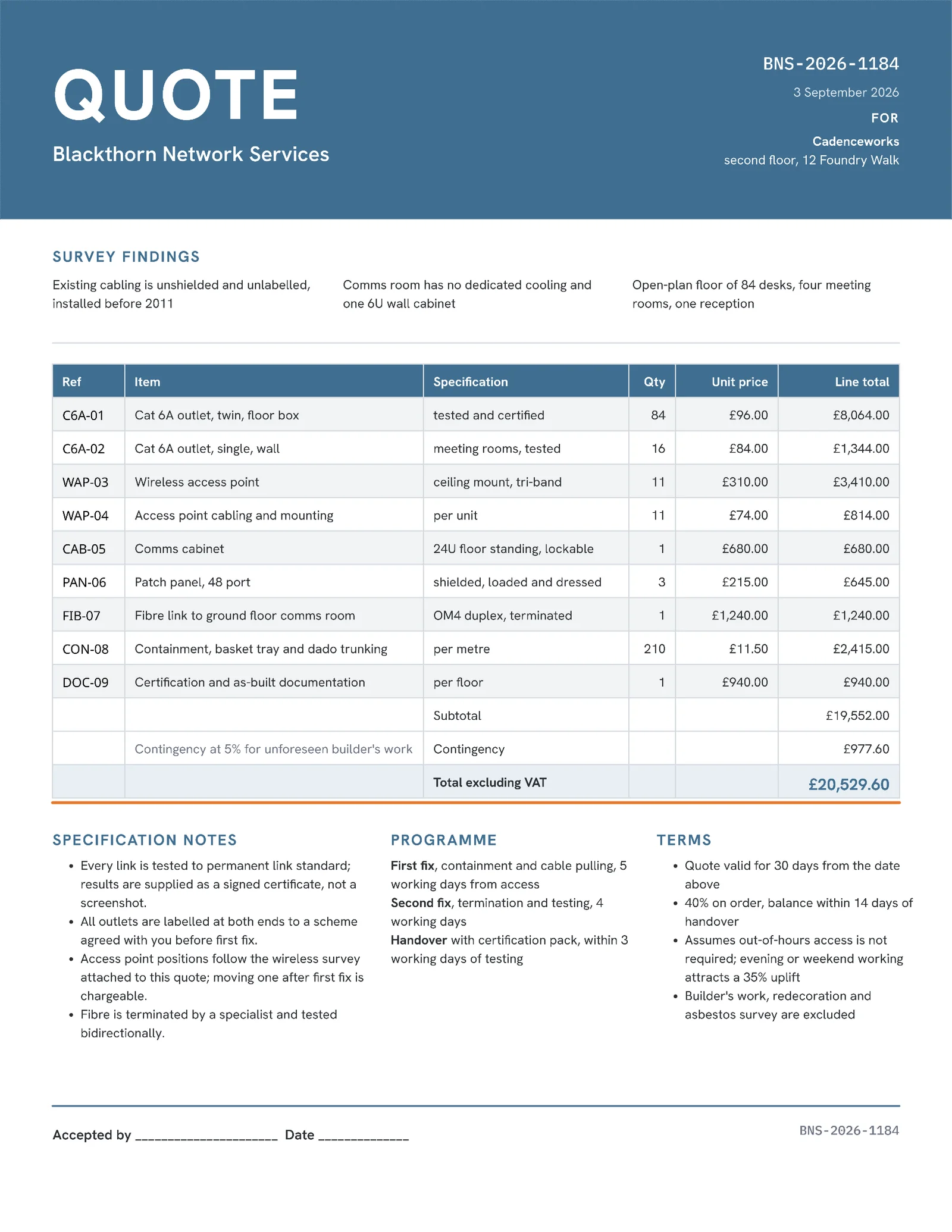 Steel Blue Spec Table Office Network Cabling Quote — 2-page Quote template, page 2 of 2
