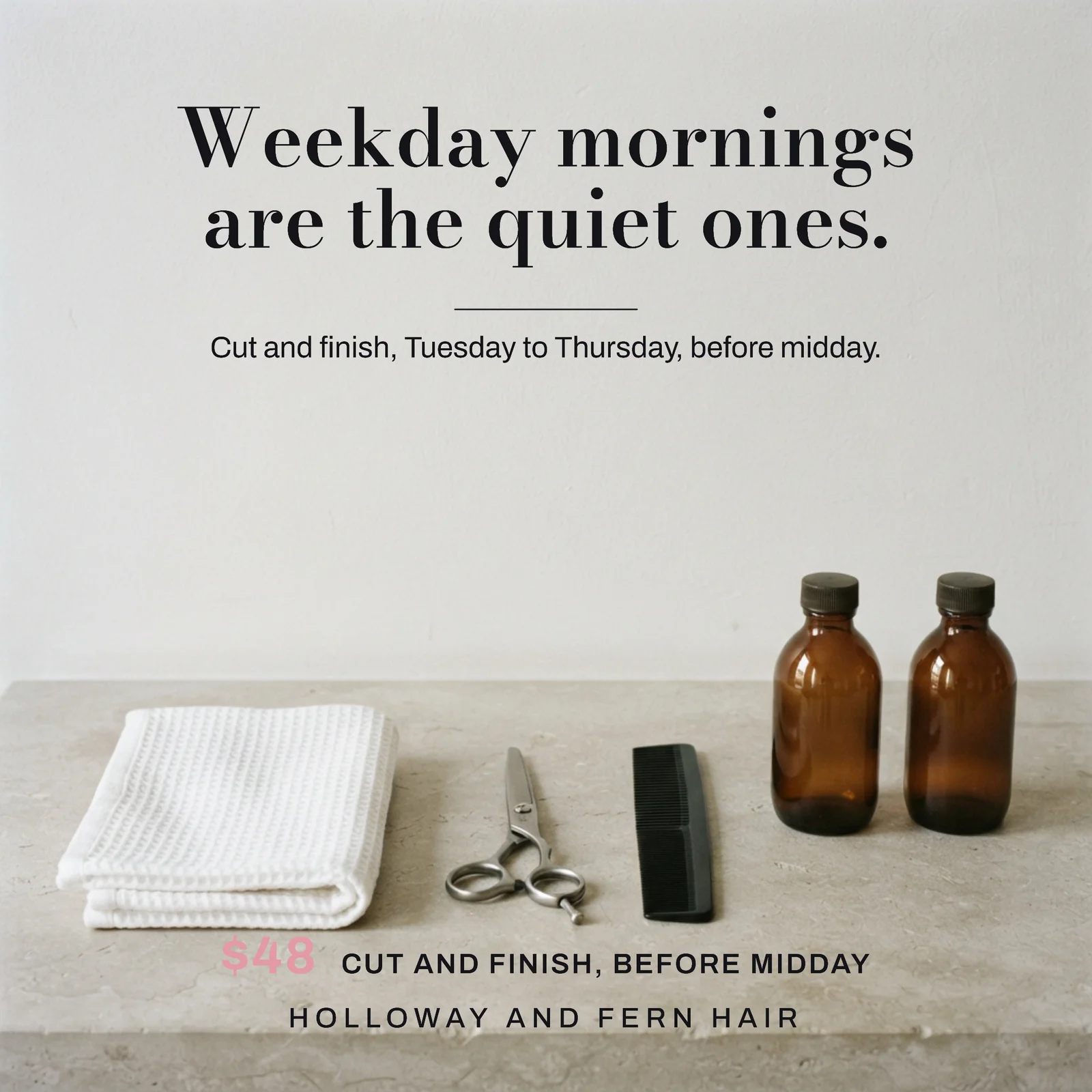 Blush Ink Counter Still Life Hair Salon Weekday Mornings Facebook Ad — 1:1 Facebook ad template