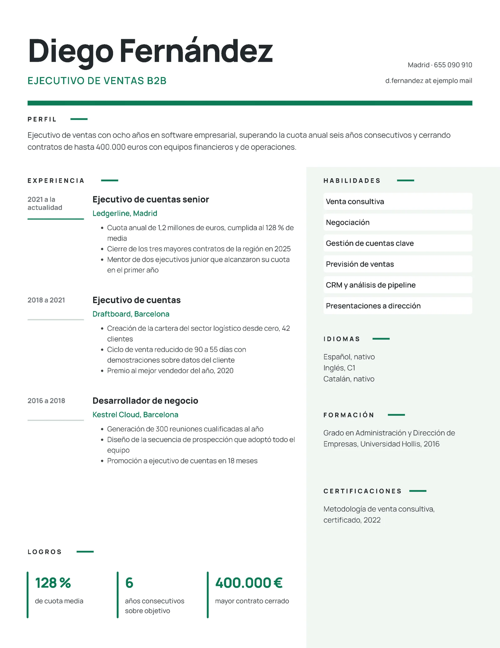 Modern Sales Executive Résumé, Spanish — 2-page Resume template, page 2 of 2