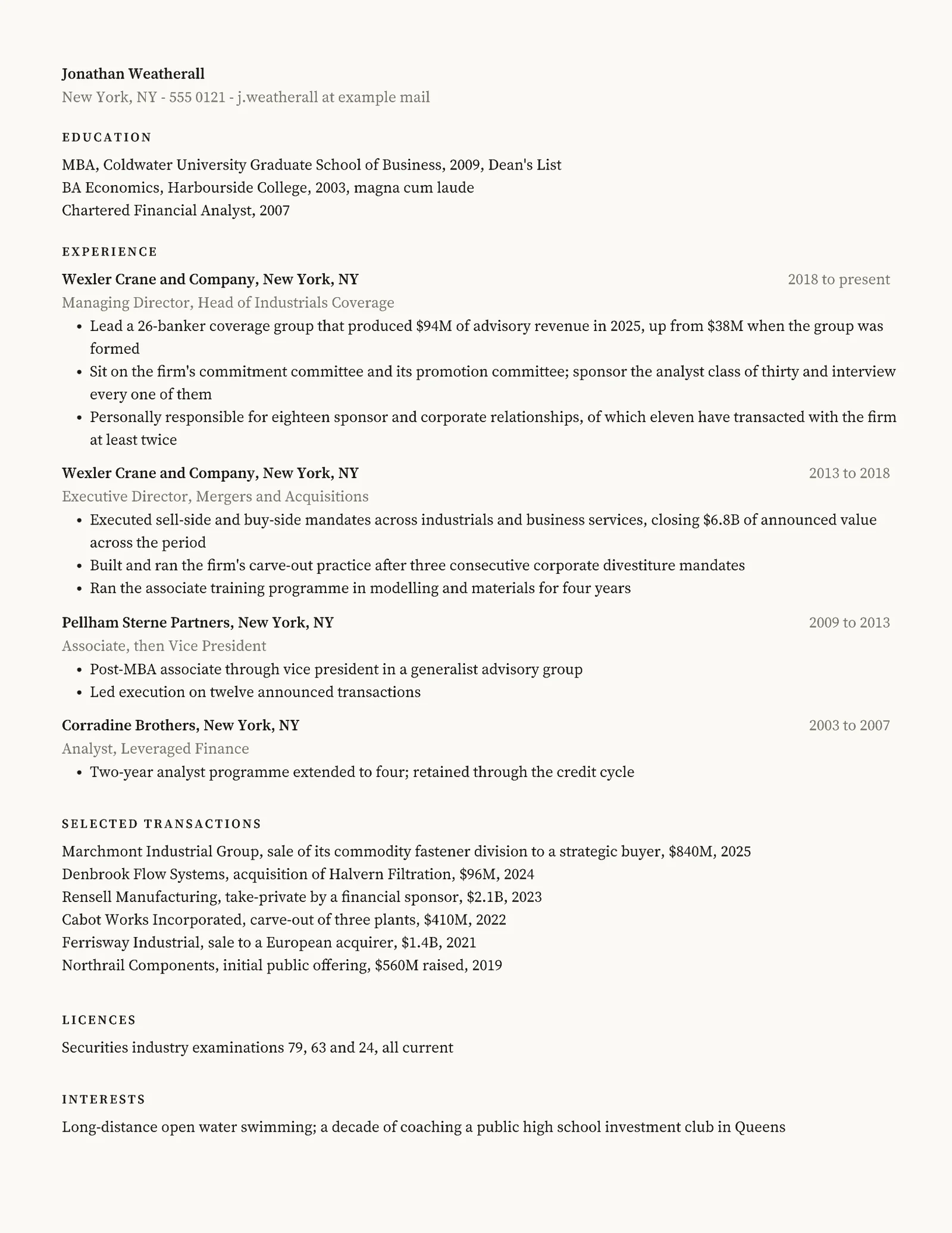 Managing Director Investment Banking Resume — Letter Resume template