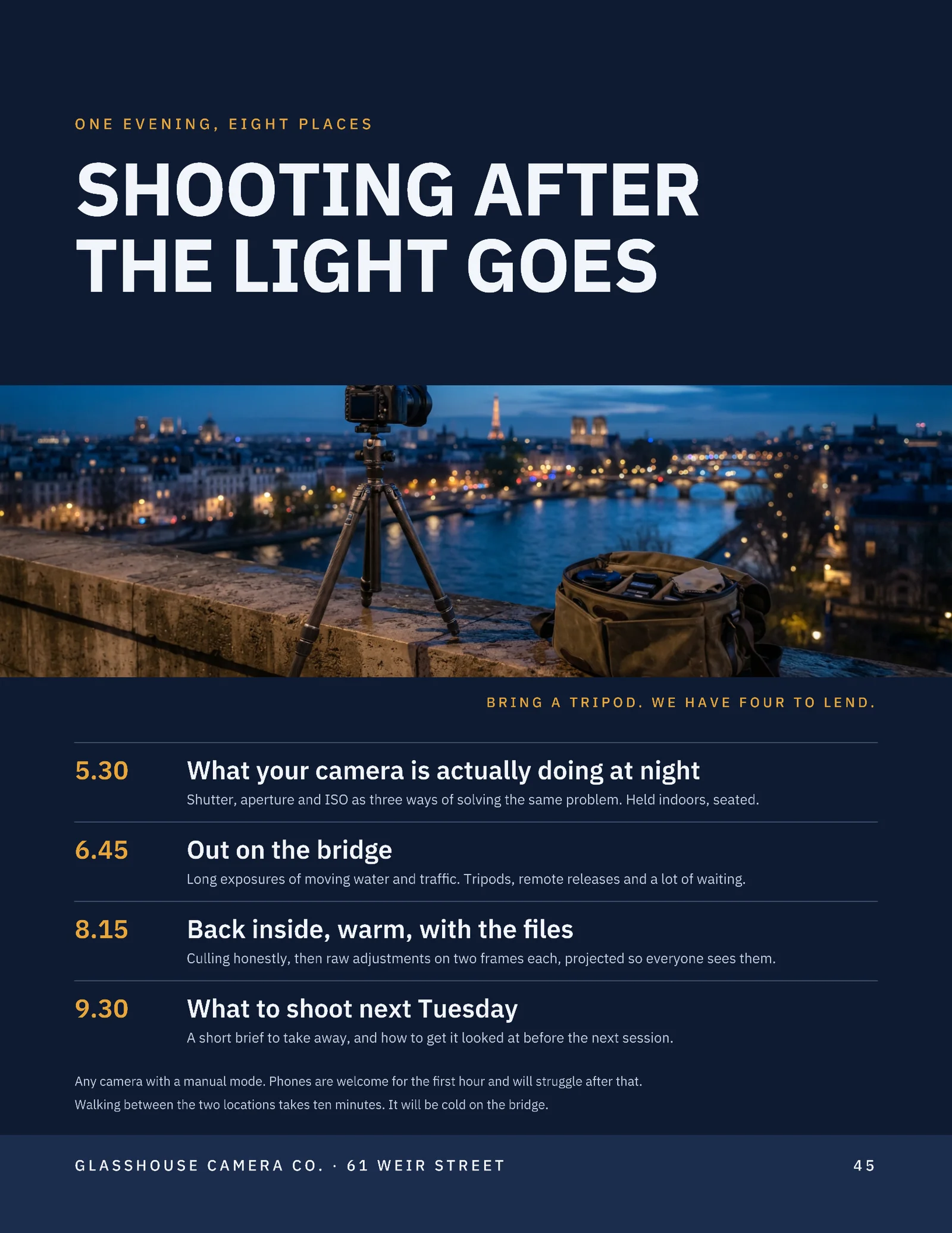 Ink Navy Amber Midband Photo Camera Shop Night Photography Workshop Flyer — Letter Flyer template