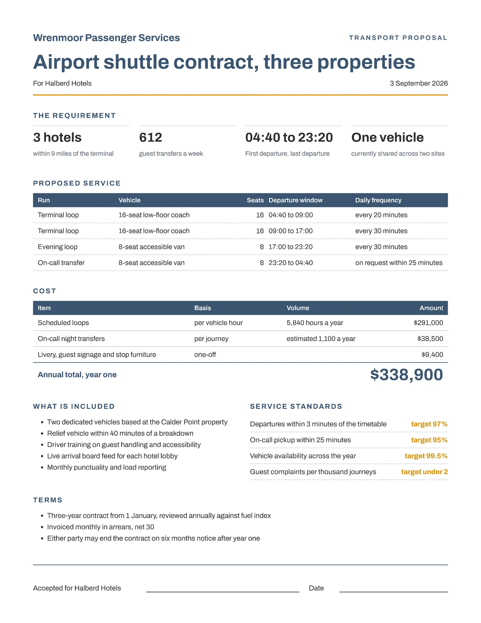 Slate Amber One Page Hotel Shuttle Contract Proposal — 2-page Proposal template, page 1 of 2