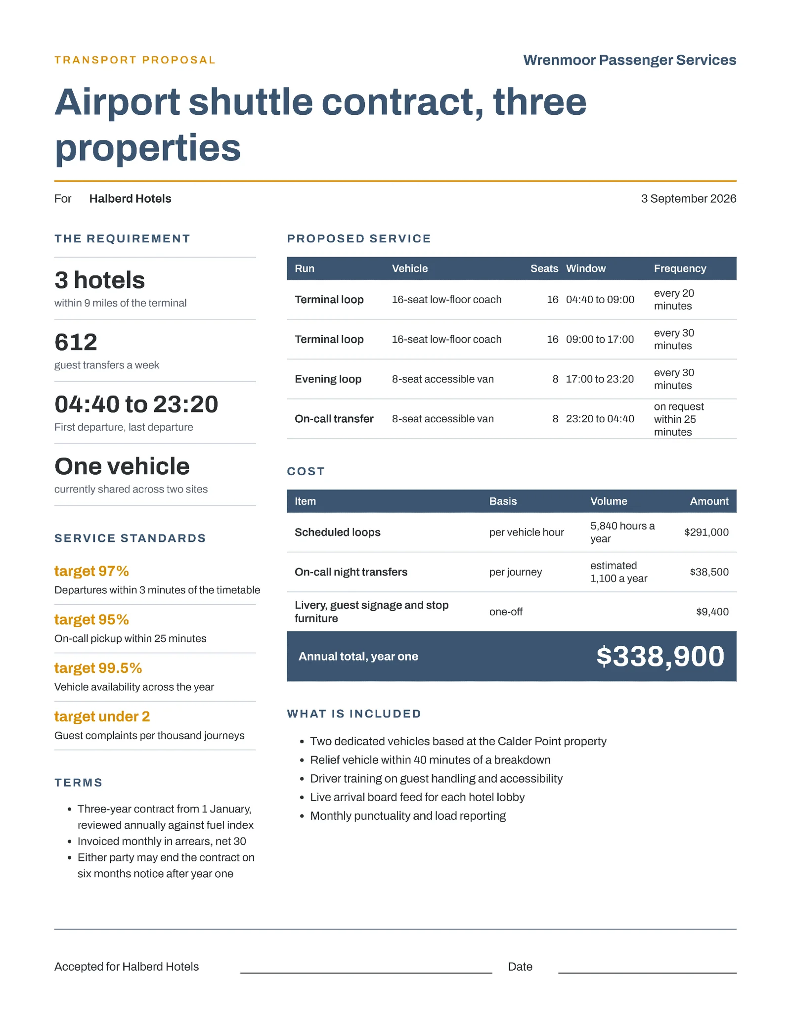 Slate Amber One Page Hotel Shuttle Contract Proposal — 2-page Proposal template, page 2 of 2