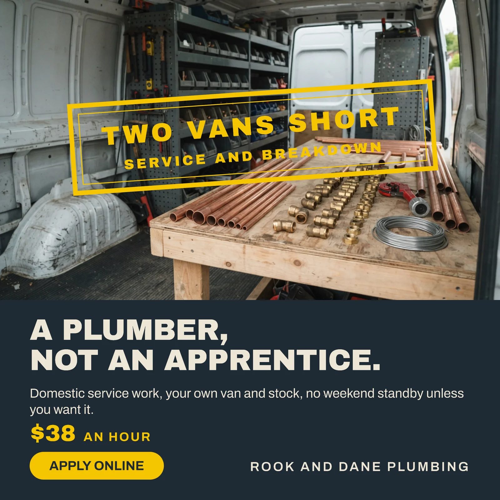 Slate Hazard Yellow Stamp Block Plumbing Two Vans Short Hiring Facebook Ad — 1:1 Facebook ad template