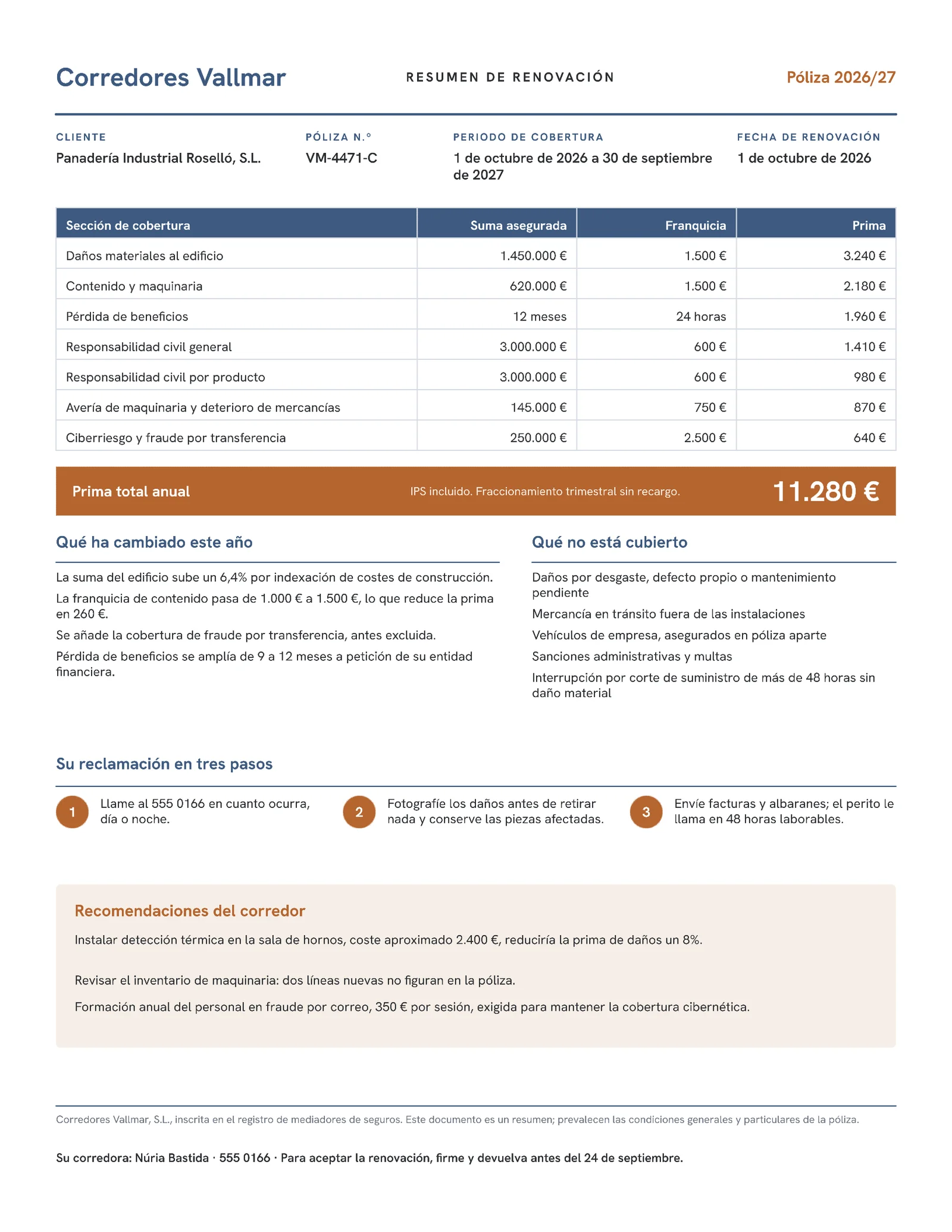 Slate Copper Renewal Summary Commercial Insurance One-Pager — 2-page One pager template, page 1 of 2