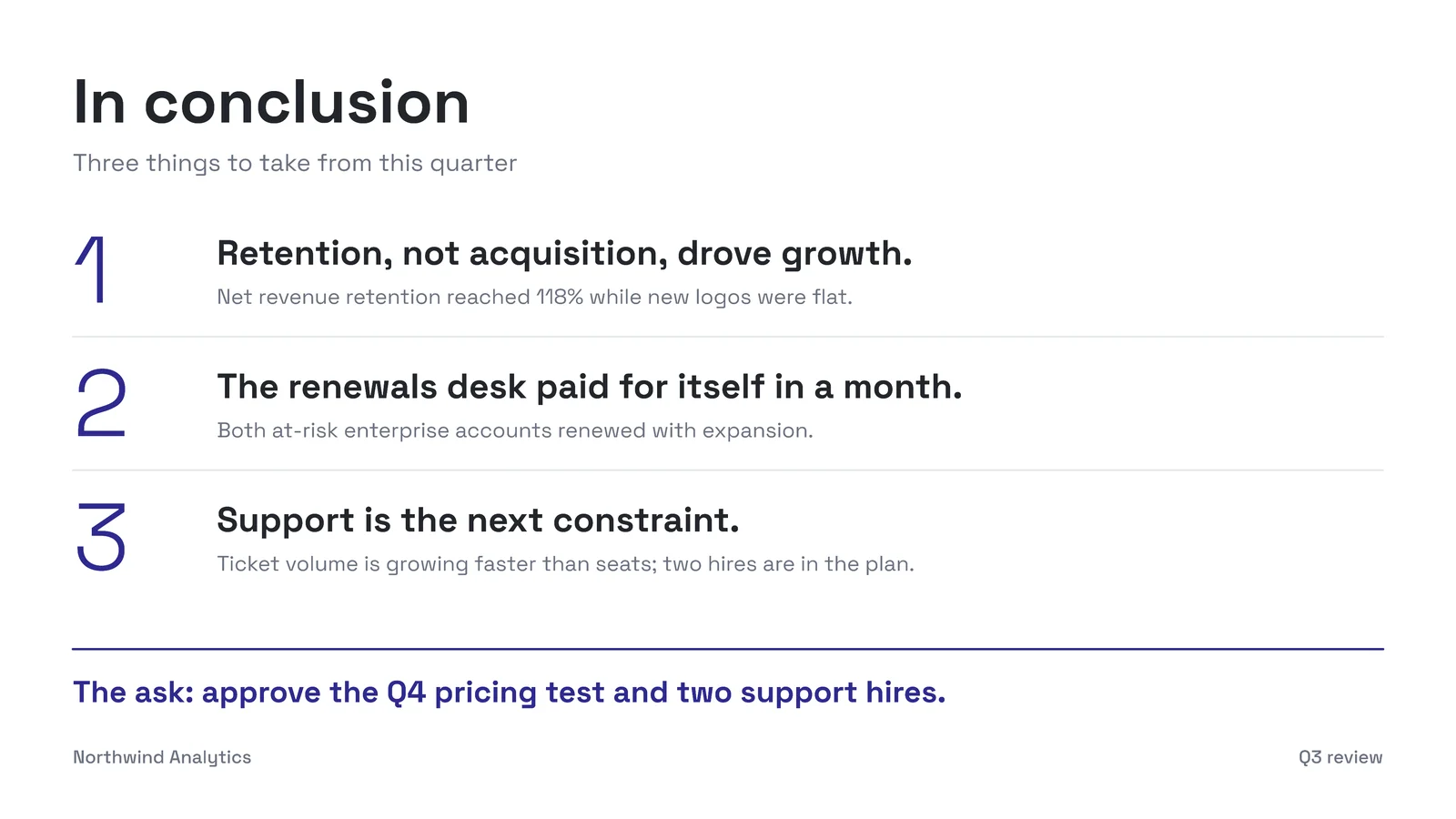 Three Takeaways Conclusion Slide — 16:9 Slide template