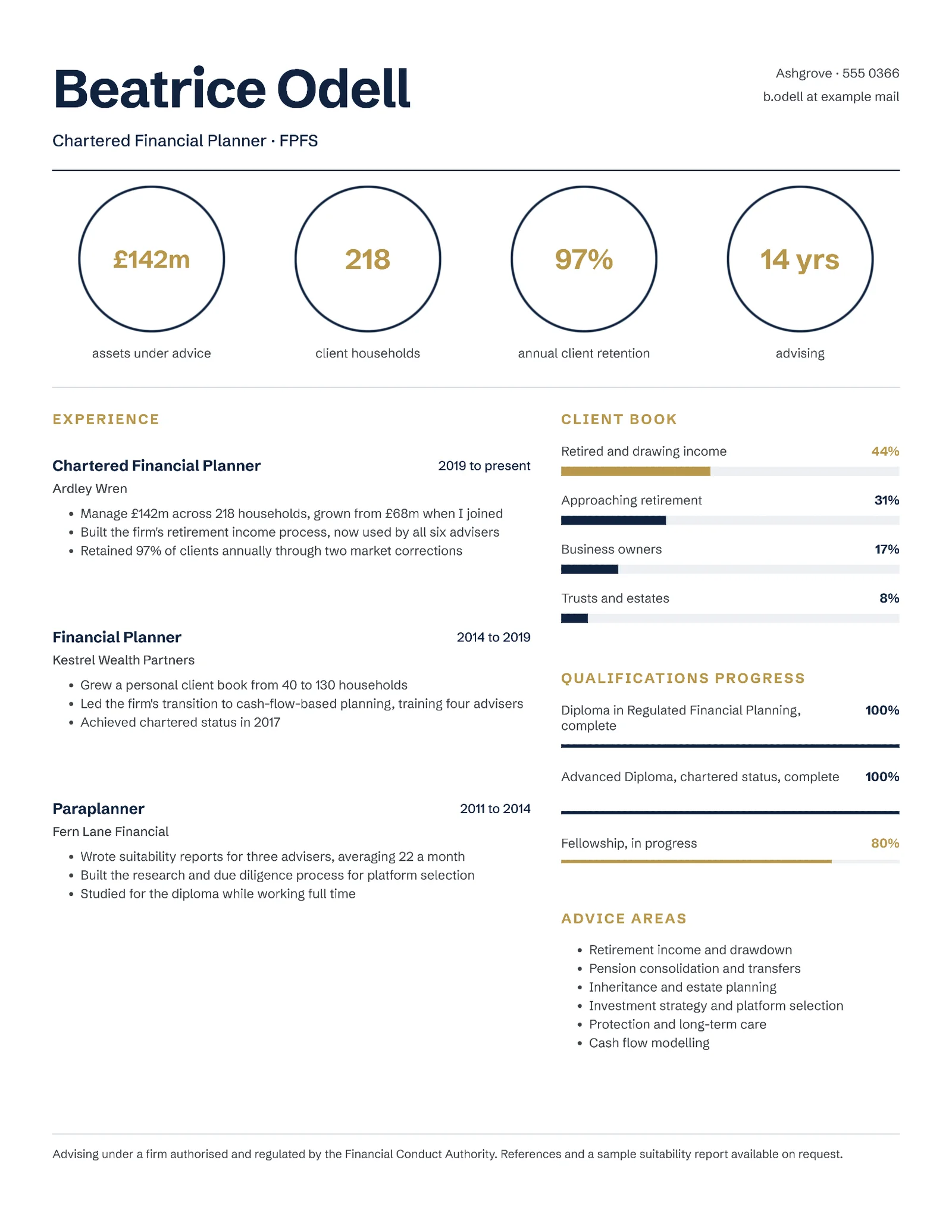 Navy Gold Infographic Financial Planner Resume — Letter Resume template