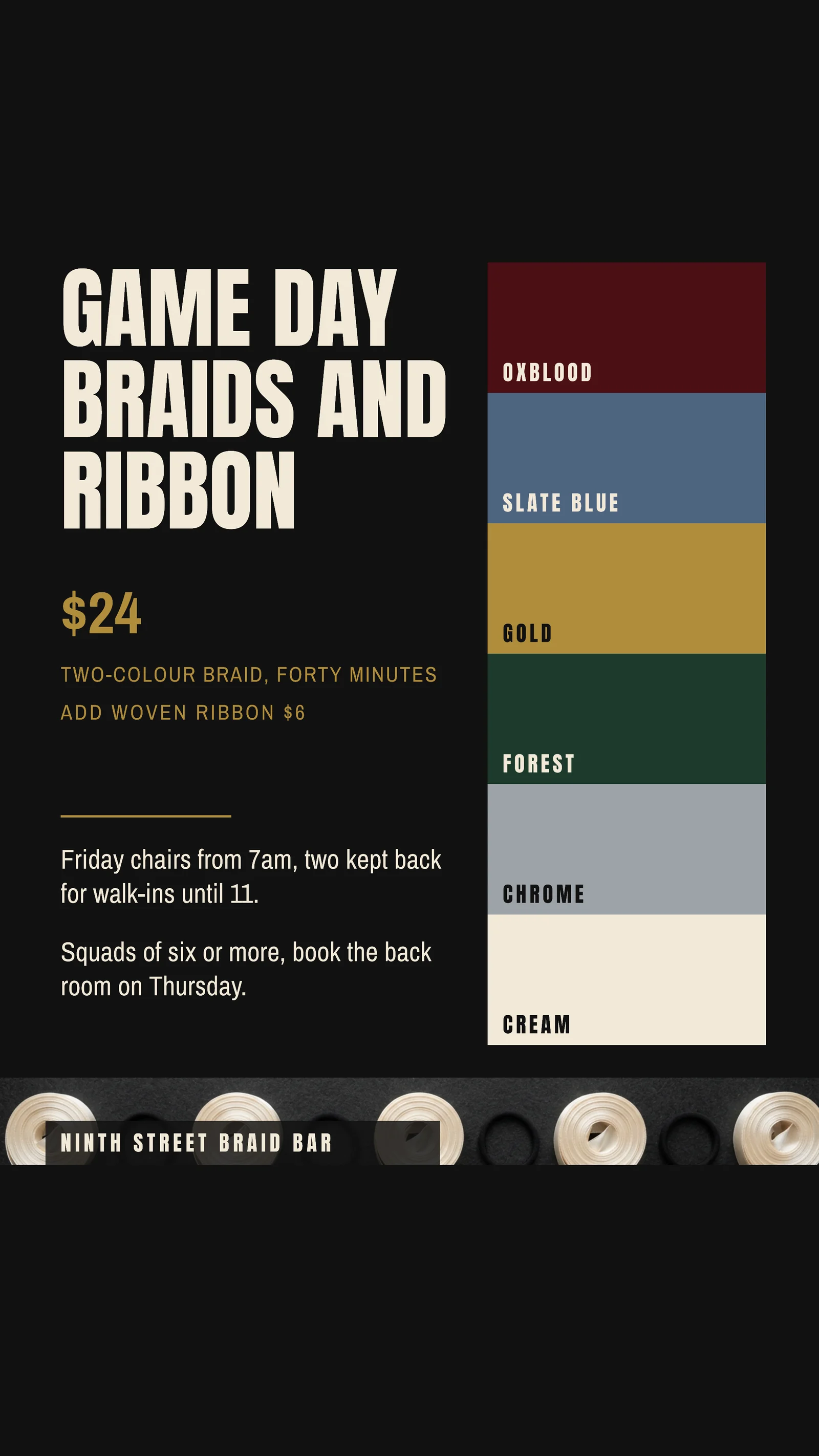 Swatch Chip Column Salon Game Day Braids Facebook Story — 9:16 Facebook story template