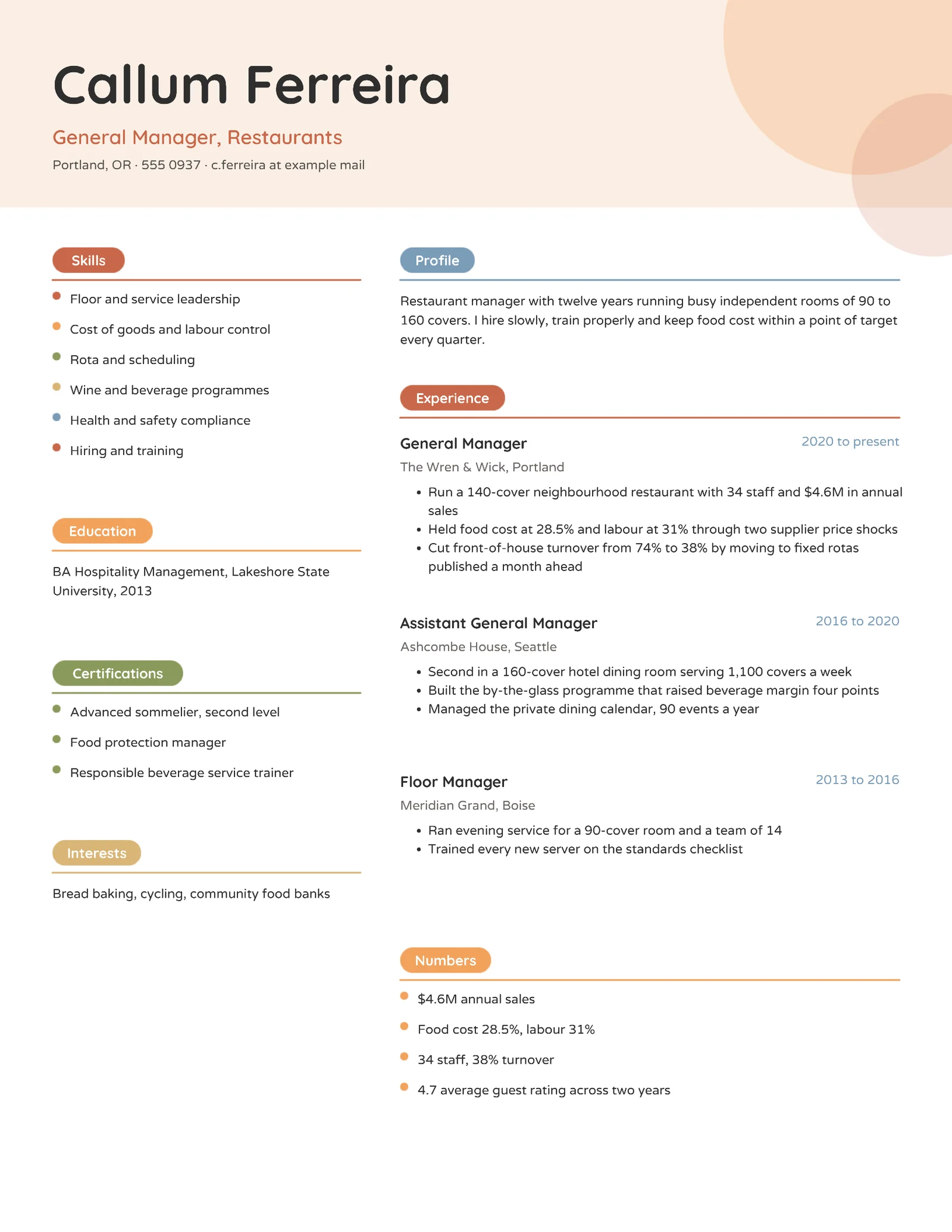 Terracotta Colorful Restaurant General Manager Resume — 2-page Resume template, page 1 of 2